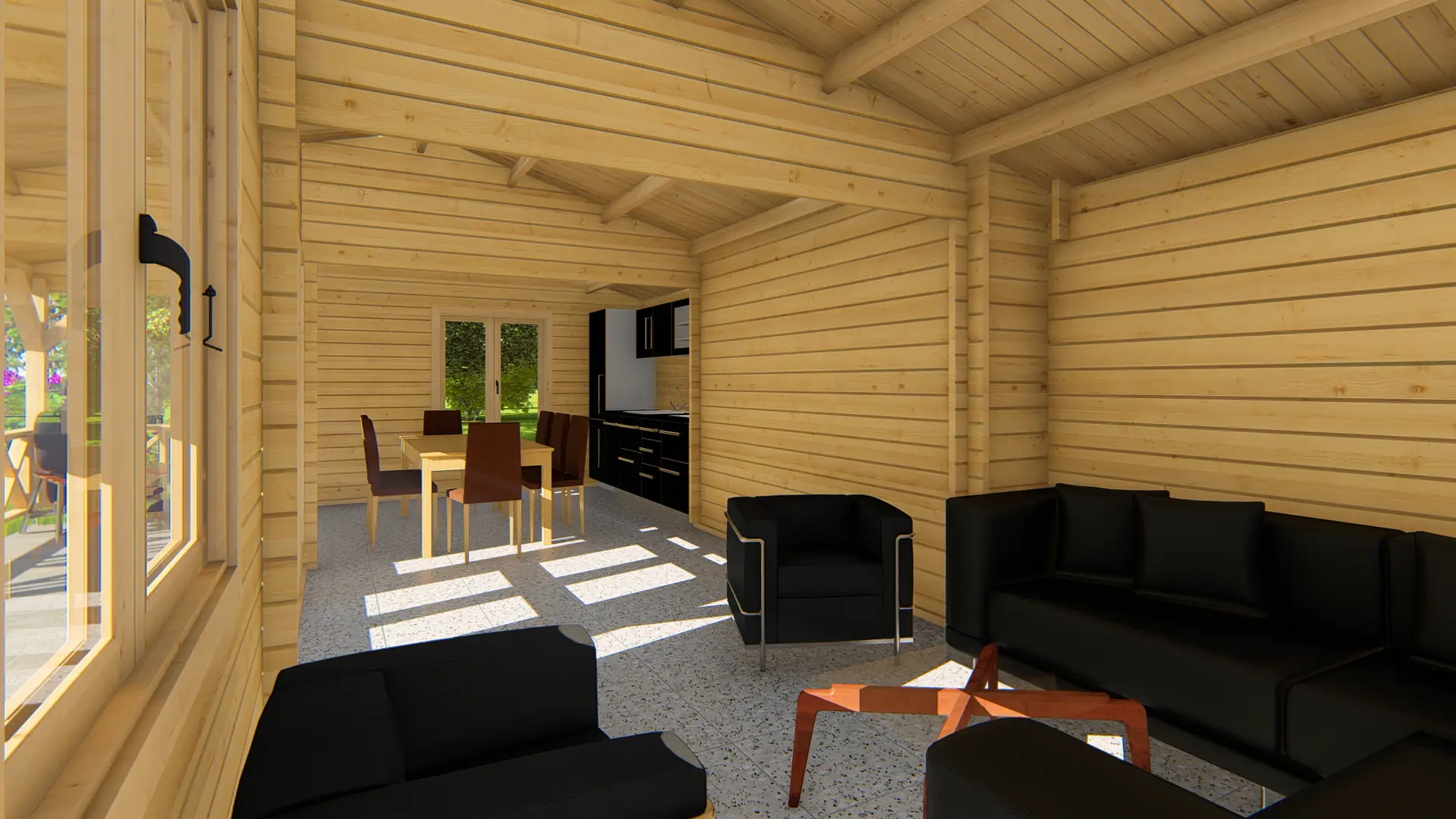 Dārza māja "Glorious" - 53 m² koka ārkonstrukcija ar terasi Dārza māja "Glorious" ir 53 m² liela koka konstrukcija ar 18,2 m² terasi, izgatavota no ziemeļu egles ar divslīpju jumtu.