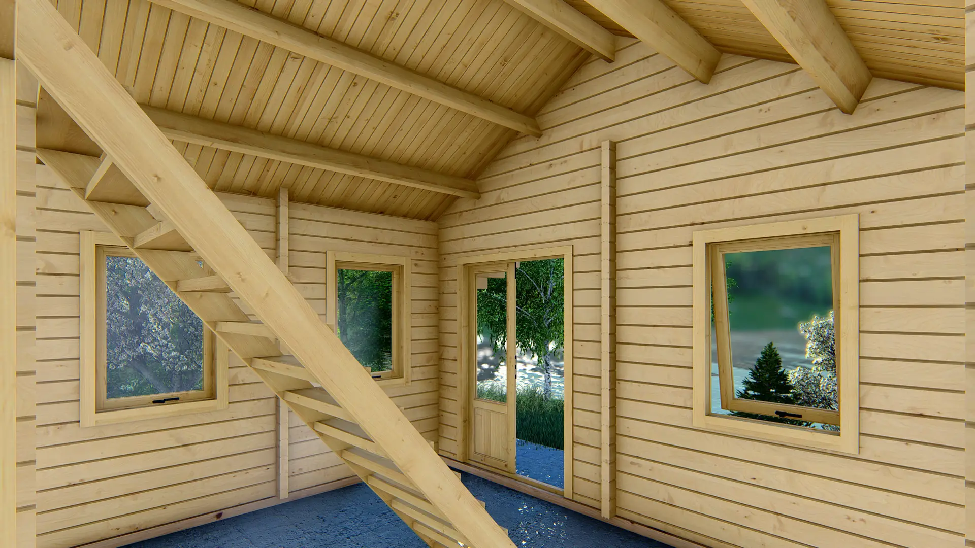 Dārza mājiņa "Calm" - 34,9 m² dzīvojamā platība Dārza mājiņa "Calm" ar trim pirmā stāva telpām un pusstāvu, izgatavota no ziemeļu egles ar septiņiem dubultajiem logiem.