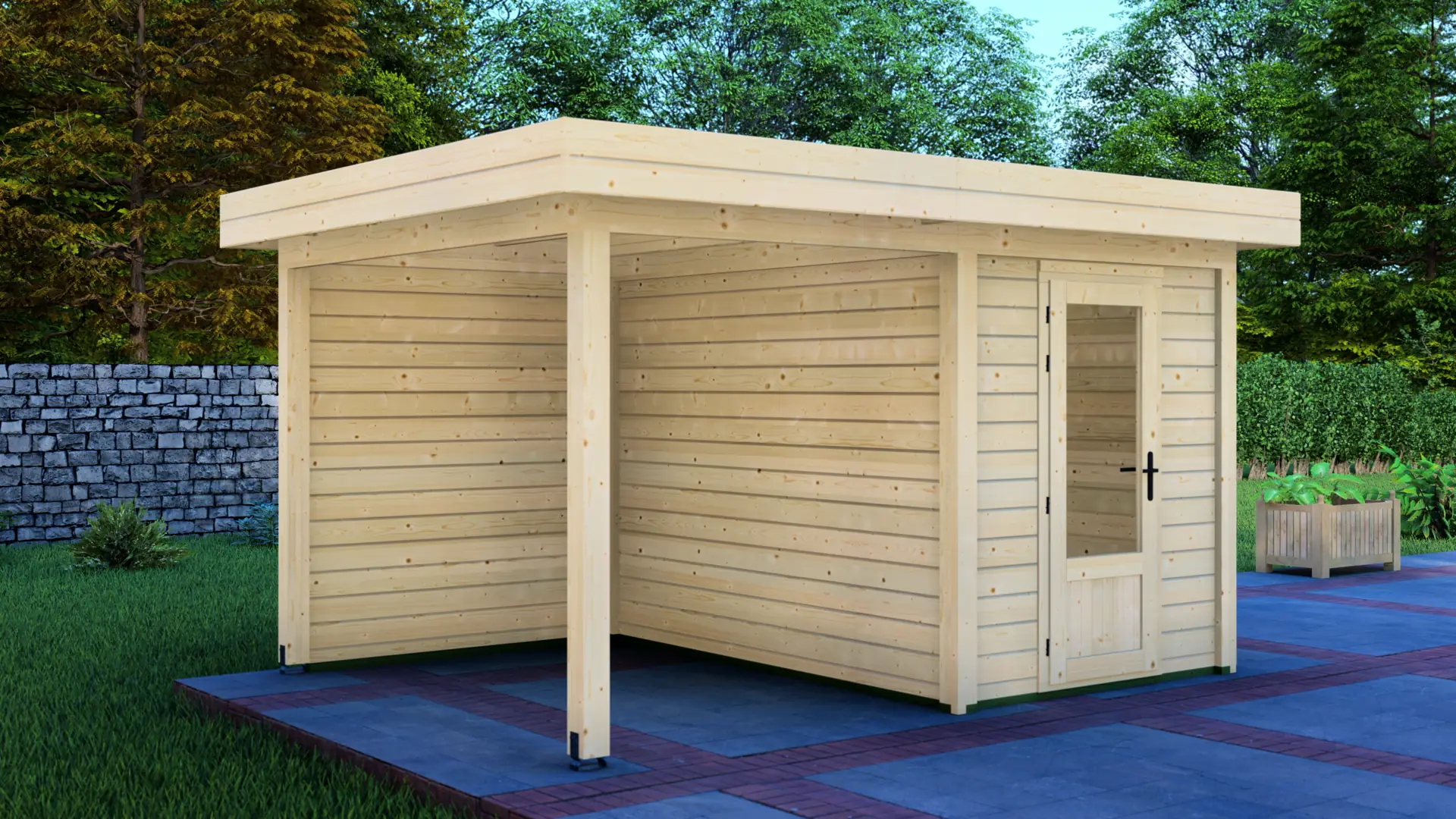 DSHouse dārza mājiņa 2x3m ar nojumi 2x3m - aizmugures skats Dārza mājiņa 2x3m ar nojumi 2x3m aizmugures siena ar horizontālu apšuvumu un plakanu jumtu