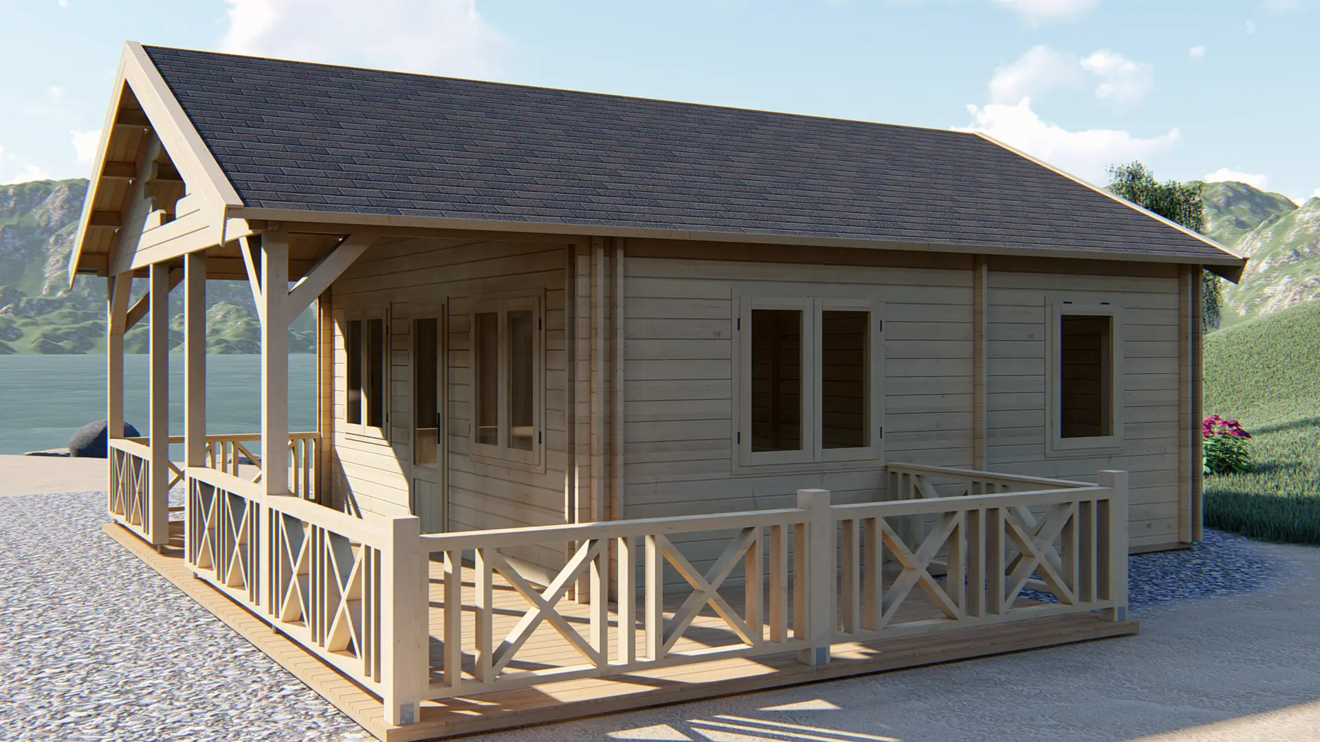 DSHouse dārza mājiņa "Pleasant" - kvalitatīva koka konstrukcija brīvdienu mājai Dārza mājiņa "Pleasant" ar 28 m² dzīvojamo zonu un 17,7 m² terasi, būvēta no ziemeļu egles ar 44-68 mm sienas biezumu