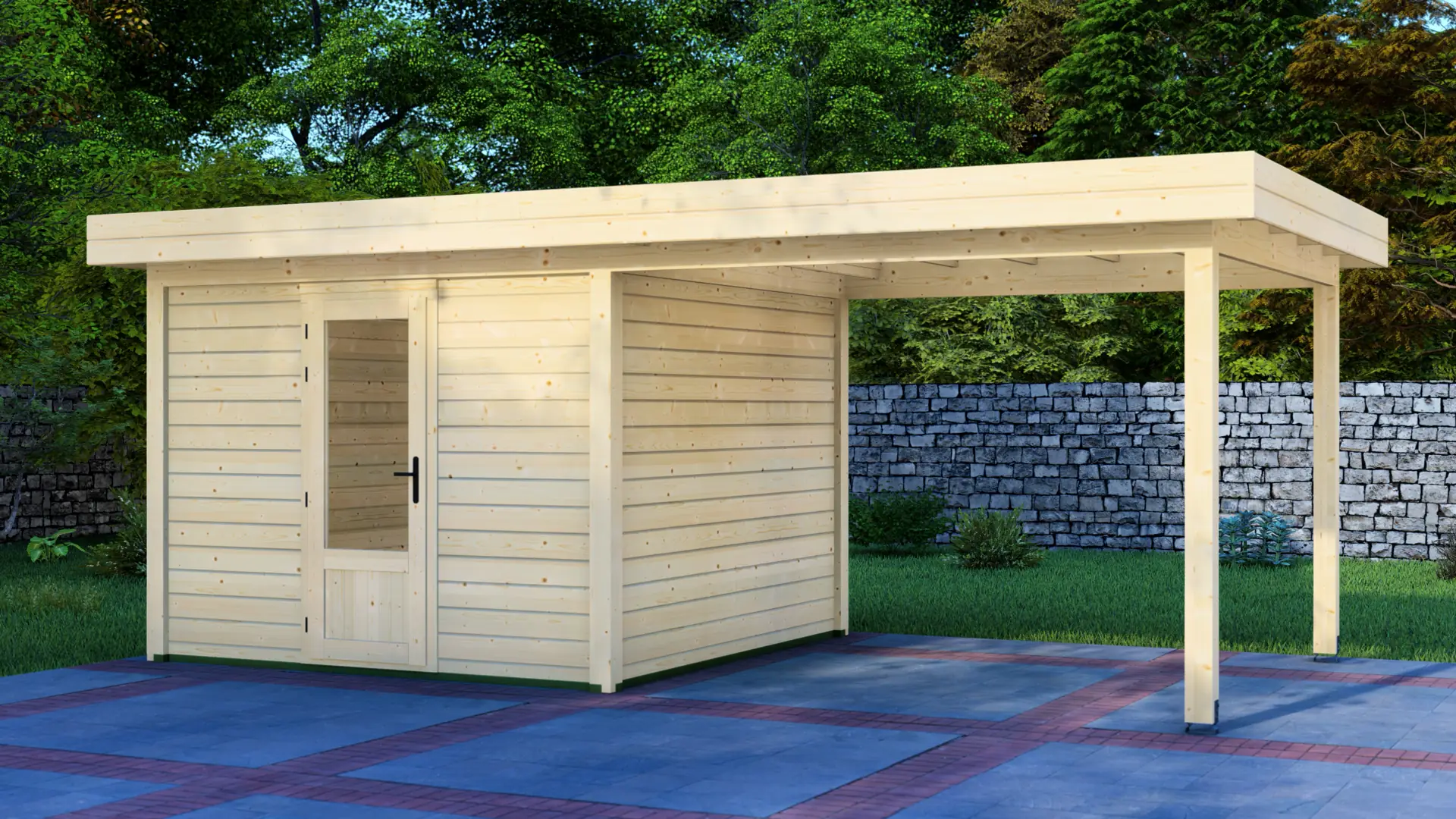 DSHouse dārza mājiņa 3x3m ar nojumi 3x3m - modulāra koka konstrukcija Dārza mājiņa 3x3m ar nojumi 3x3m - modulāra ziemeļu egles konstrukcija ar horizontālu apšuvumu un plakanu jumtu, kas paplašinās veidojot nojumi.