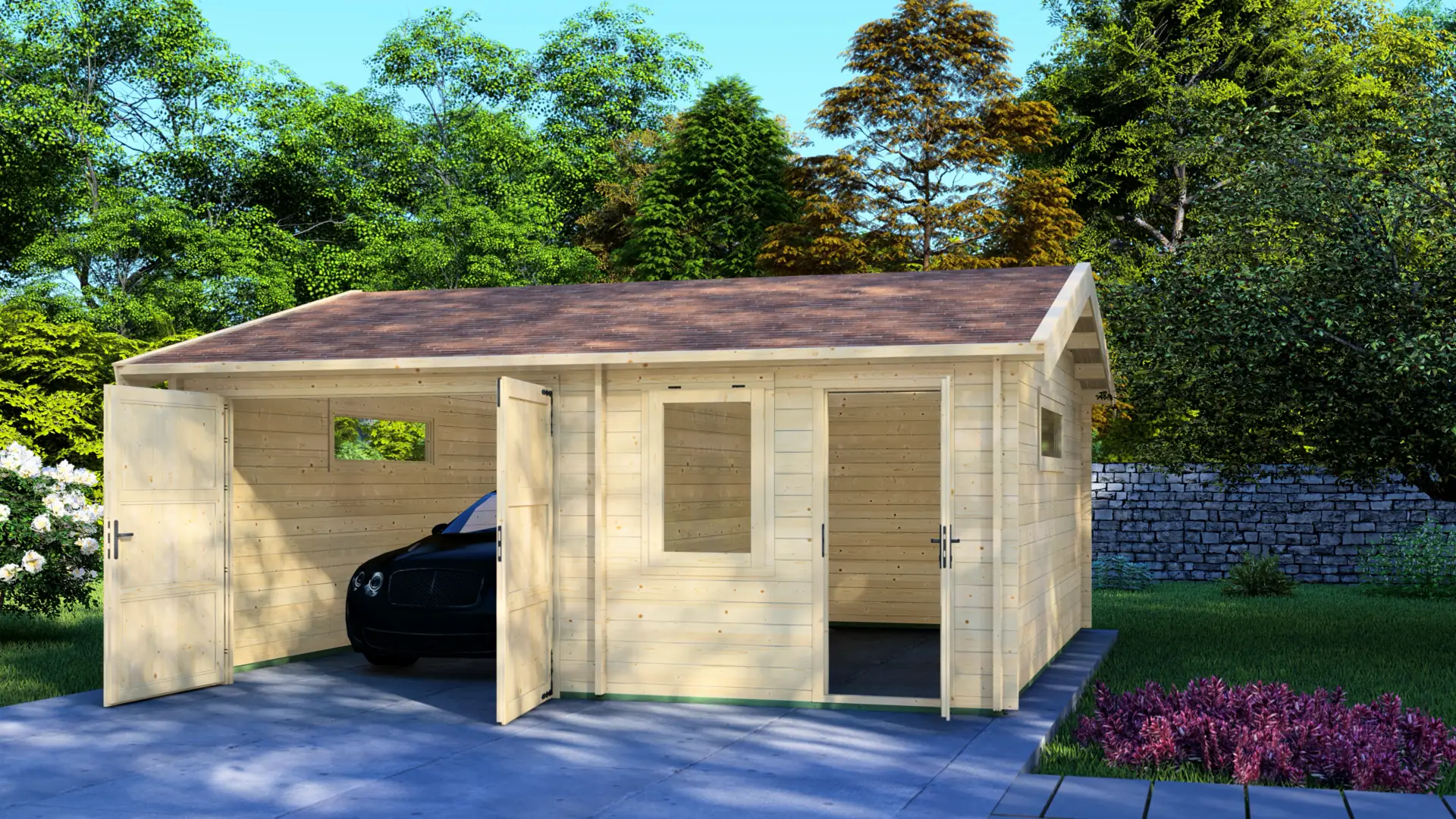 Гараж 6x6 "Vibrant" с двускатной крышей и ярким, современным видом изготовлен из массива 44-миллиметровой северной ели.