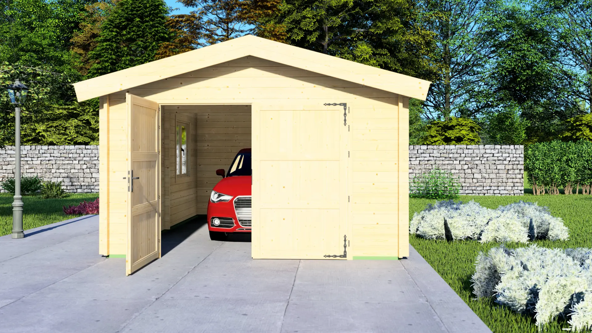 Koka garāža "Stable" 6x4 ar divslīpju jumtu - DSHouse kvalitātes koka konstrukcija Koka garāža "Stable" 6x4 ar divslīpju jumtu, kas izgatavota no 44 mm ziemeļu egles dēļiem, ar kopējo izmēru 4,00 m × 5,95 m un piemērota vienai automašīnai ar uzglabāšanas vietu.