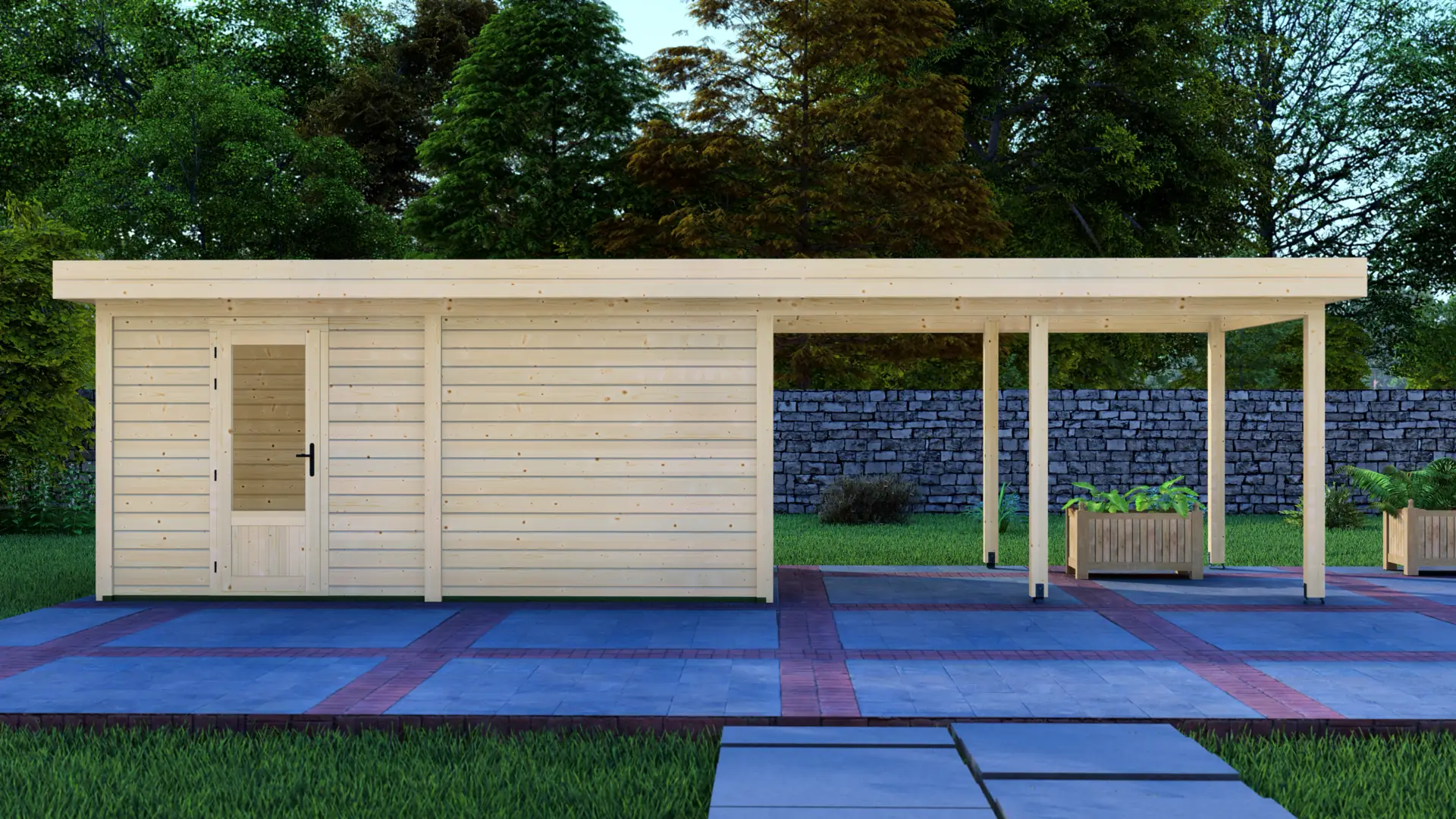 DSHouse dārza mājiņa 5x3m ar nojumi 4x3m - modulāra koka konstrukcija Dārza mājiņa 5x3m ar nojumi 4x3m - modulāra ziemeļu egles mājiņa ar horizontālu apšuvumu un plakanu jumtu, kas paplašinās, veidojot jumta nojumi.