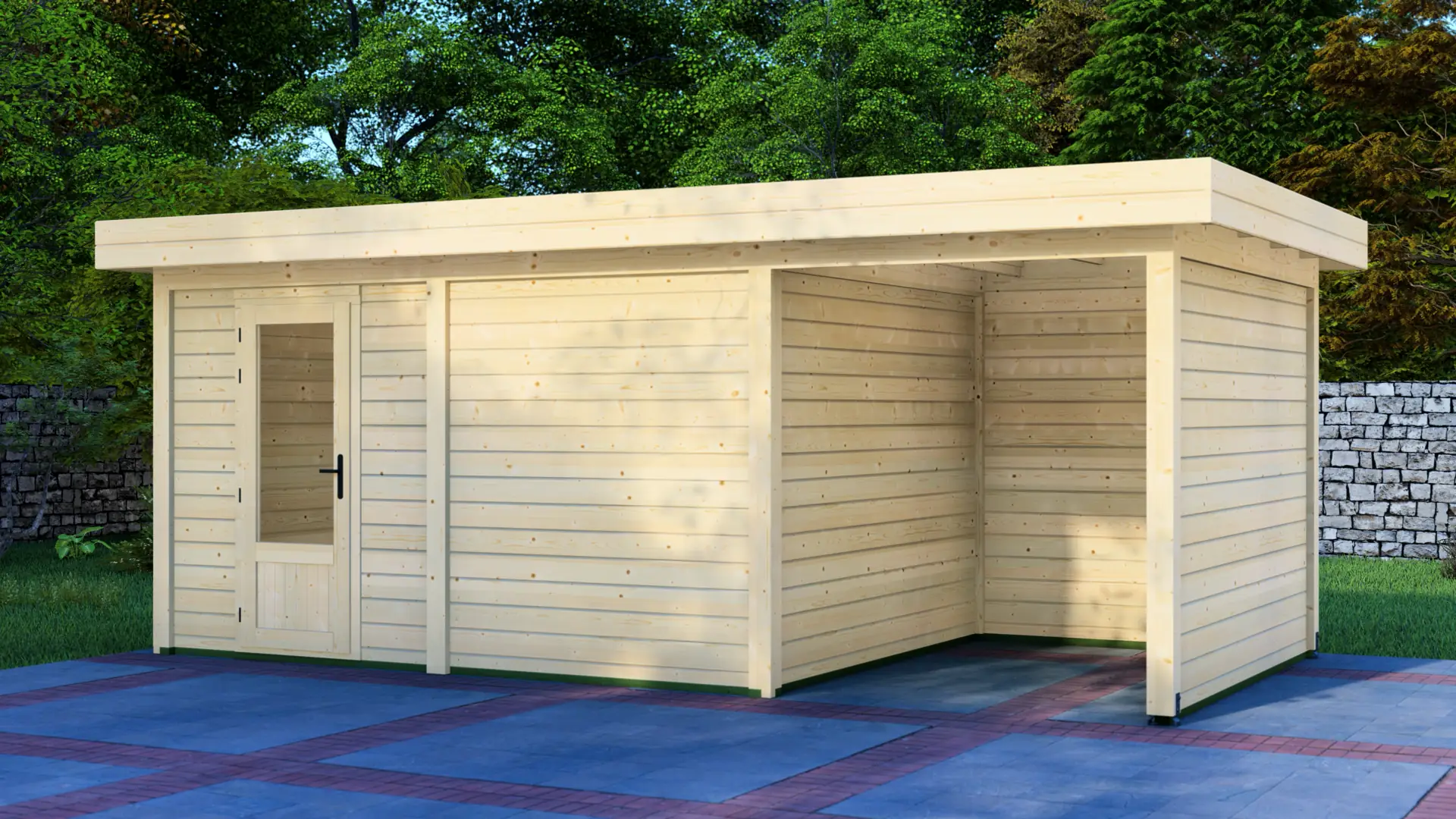 DSHouse dārza mājiņa 4x3m ar nojumi 2x3m - aizmugures un sānu sienas skats Dārza mājiņa 4x3m ar nojumi 2x3m aizmugures sienas un sānu sienas skats, kas rāda modulāro 12m² ziemeļu egles konstrukciju ar horizontālu apšuvumu un plakanu jumtu.