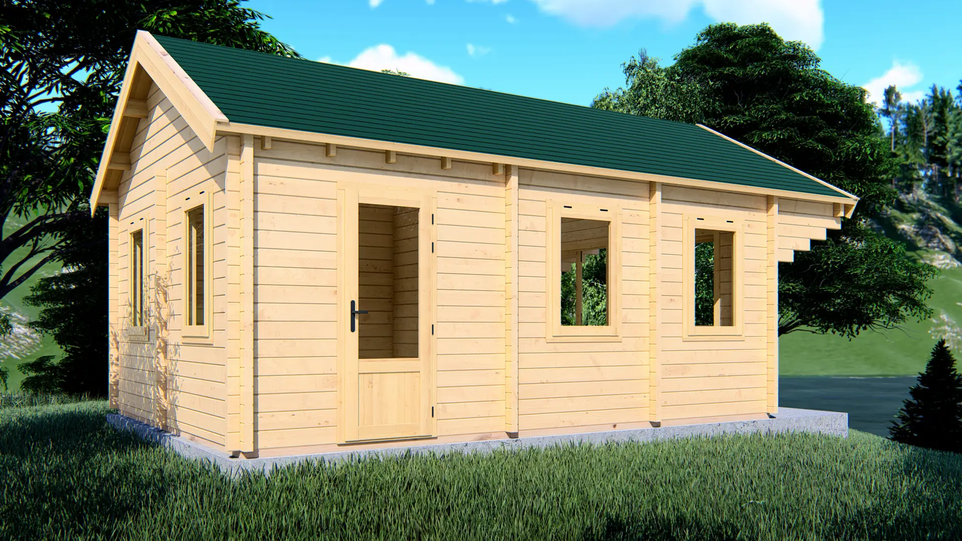 Dārza mājiņa "Calm" - 34,9 m² dzīvojamā platība ar ziemeļu egles sienām Dārza mājiņa "Calm" ar trim pirmā stāva telpām un 10 m² pusstāvu, izgatavota no ziemeļu egles ar septiņiem dubultajiem logiem.