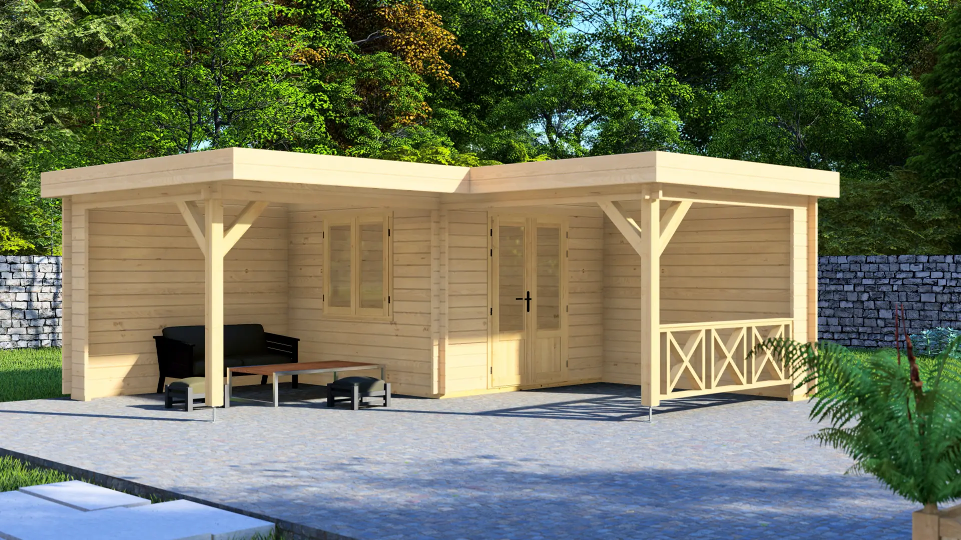 Dārza mājiņa "Joy 2" ar plašu 14 m² terasi, kas ir divreiz lielāka par 7 m² iekštelpu, izgatavota no 44 mm ziemeļu egles.