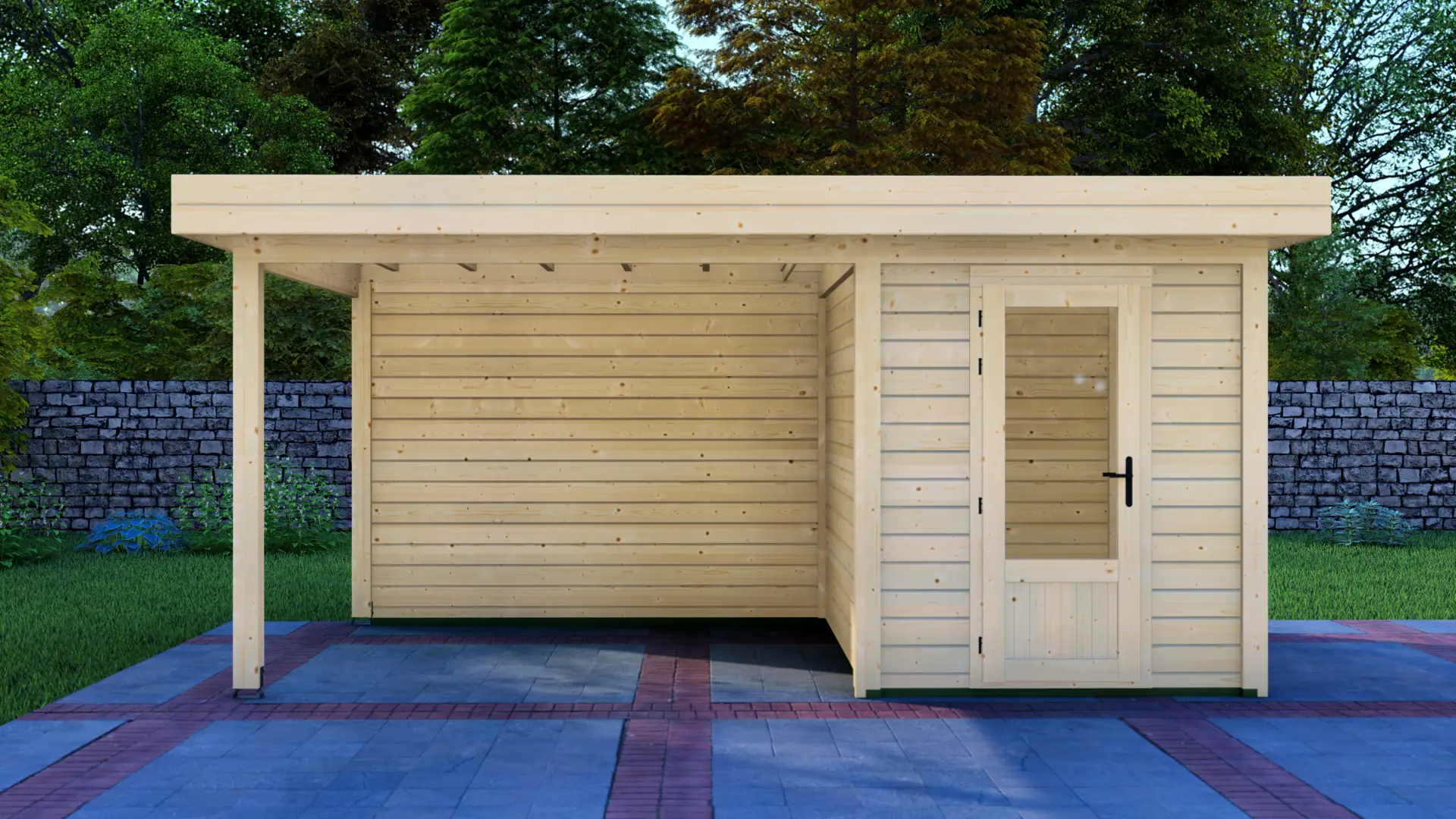 DSHouse dārza mājiņa 2x3m ar nojumi 3x3m - aizmugures skats Dārza mājiņa 2x3m ar nojumi 3x3m aizmugures skats uz ziemeļu egles konstrukciju ar horizontālu apšuvumu un plakanu jumtu.