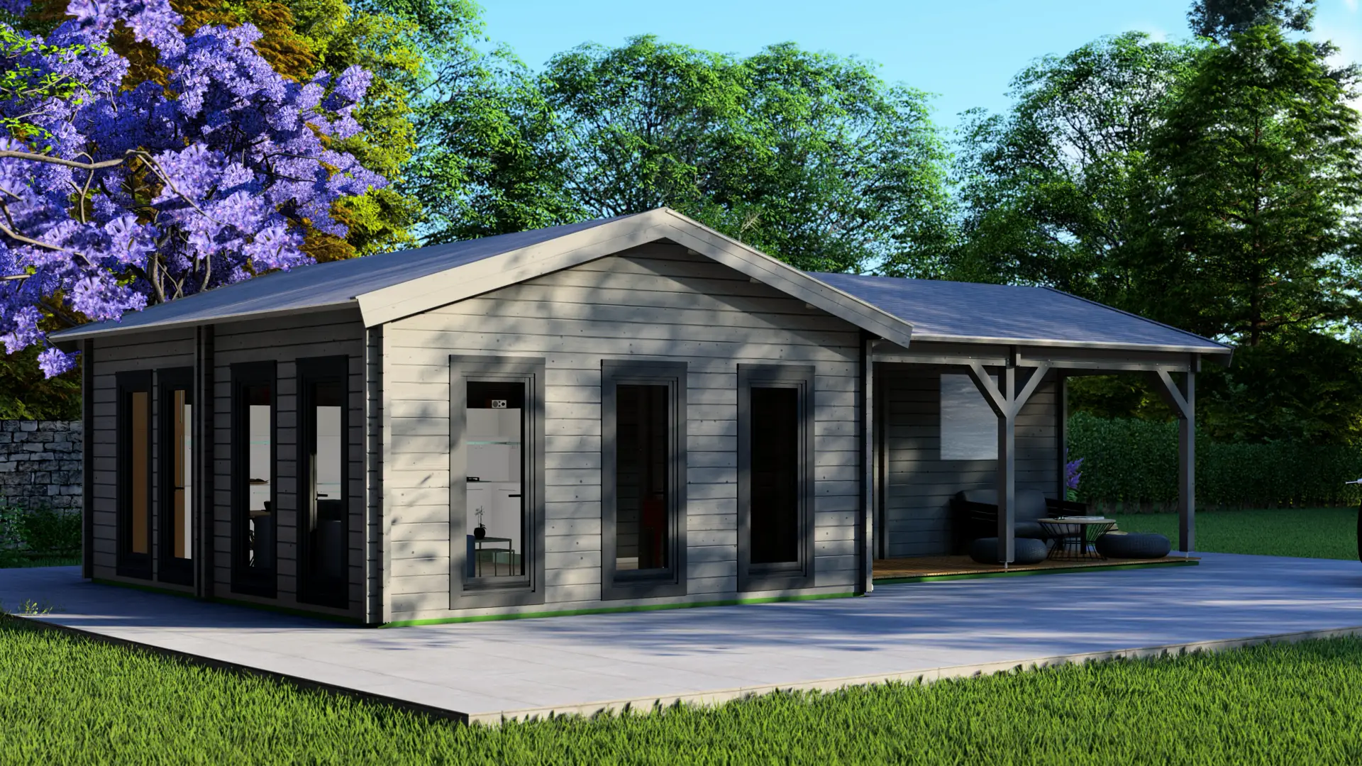 Dārza māja "Jolly" - 58 m² divslīpju jumta mājiņa ar 68 mm sienām un nosegtu terasi Dārza māja "Jolly" ar 58 m² divslīpju jumtu un 68 mm biezām sienām, kas pagarina izmantošanas sezonu, priekšējā skats ar nosegtu terasi.