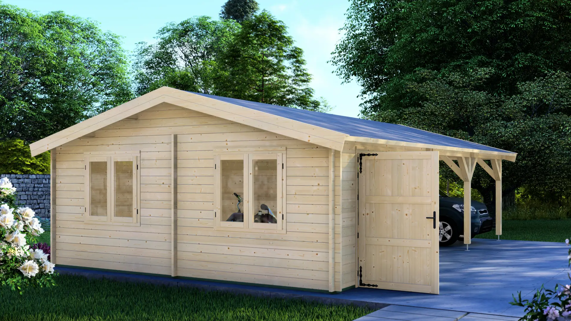 Koka garāža "Able" + nojume 9.5×6 - DSHouse augstas kvalitātes koka konstrukcija Koka garāža "Able" + nojume 9.5×6 parāda augstas kvalitātes 44 mm ziemeļu egles konstrukciju ar divslīpju jumtu un kopējo izmēru 5,95 m × 9,50 m.
