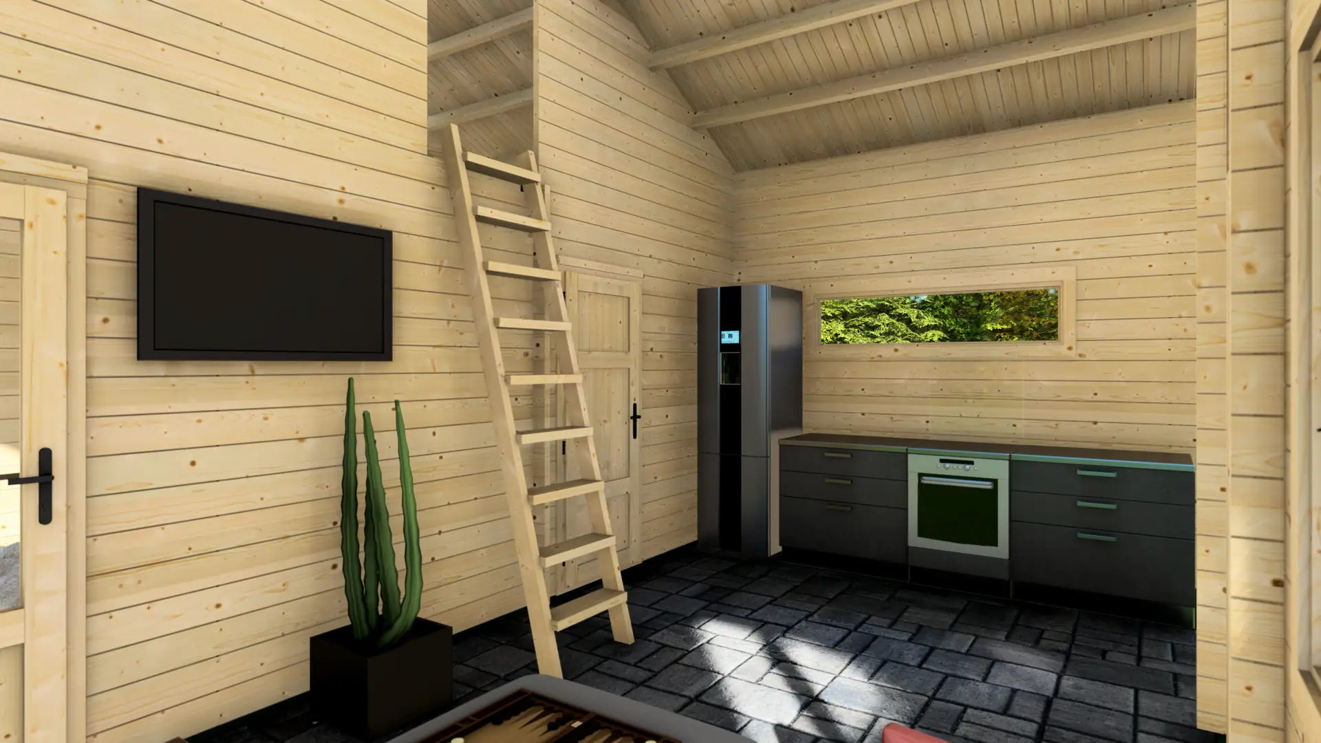 DSHouse dārza mājiņa "Pleasant" - kvalitatīva koka konstrukcija ar dzīvojamo zonu un terasi Dārza mājiņa "Pleasant" ar 28 m² dzīvojamo zonu, 14 m² pusstāvu un 17,7 m² terasi ar jumtu, būvēta no ziemeļu egles ar 44 mm sienas biezumu