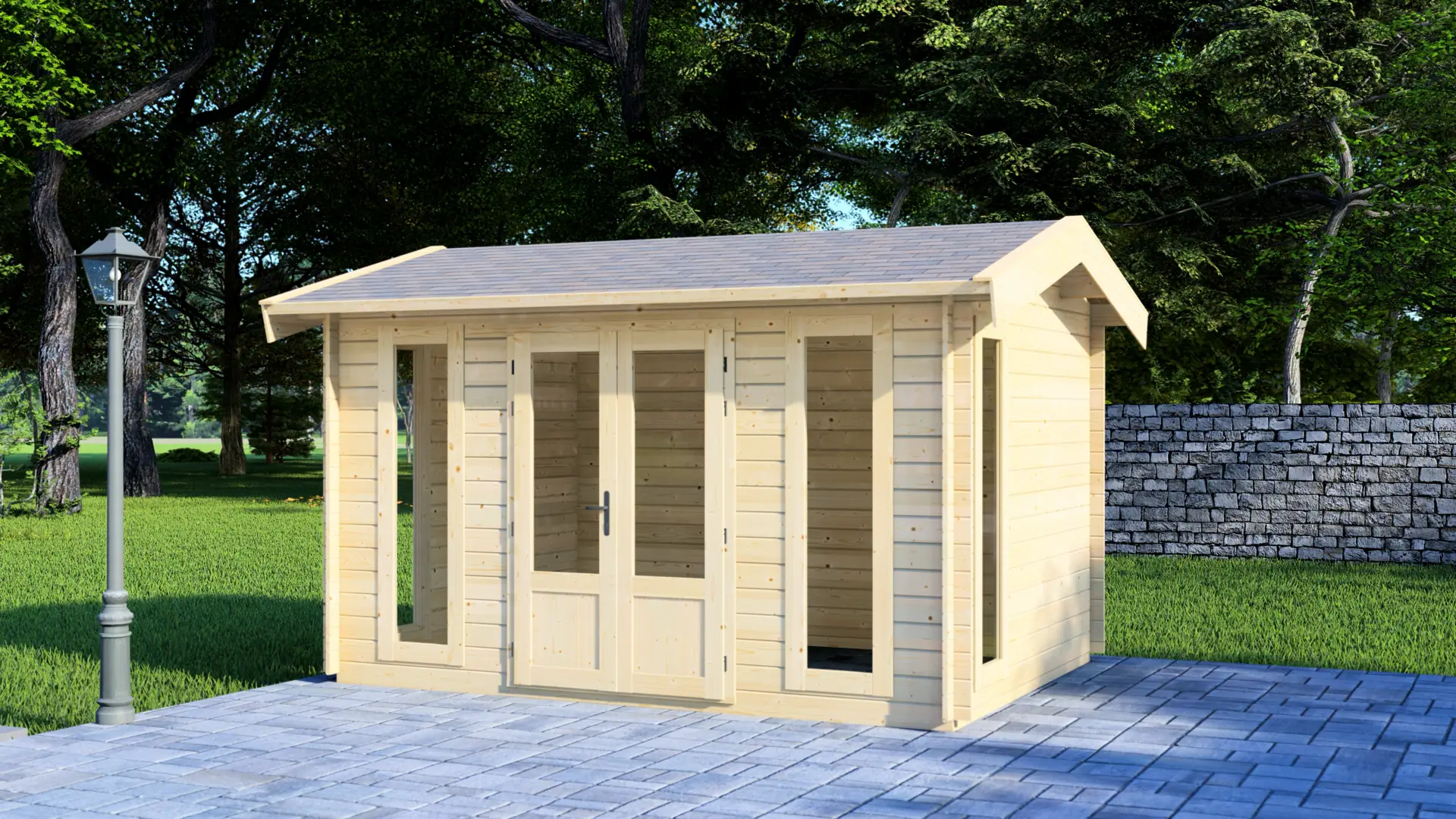 DSHouse dārza mājiņa "Pleasure" - 12m² vienistabas mājiņa ar četriem logiem Dārza mājiņa "Pleasure" ar divslīpju jumtu un četriem pilna augstuma logiem, kas nodrošina 12m² slēgtas telpas kompaktā 4×3m apbūves laukumā.