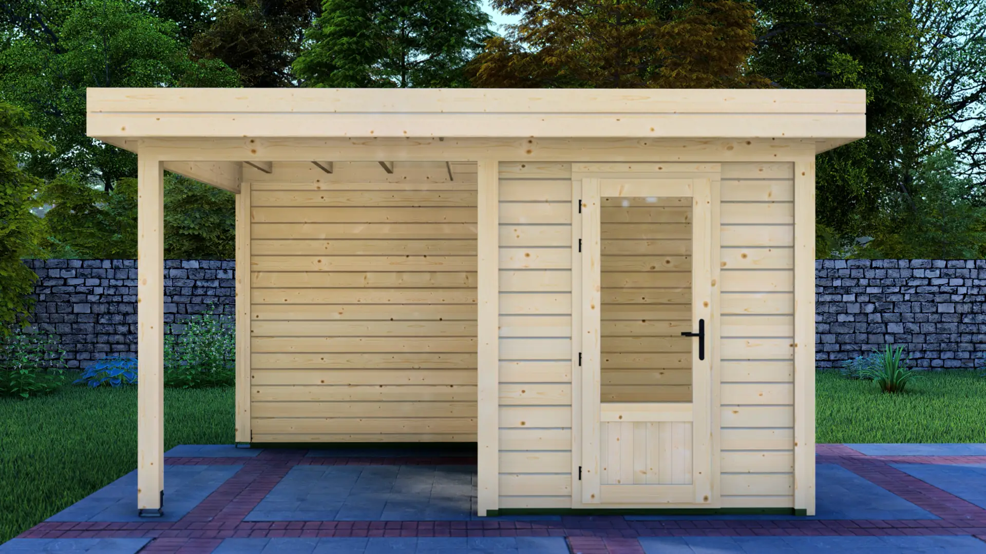 DSHouse dārza mājiņa 2x3m ar nojumi 2x3m - aizmugures sienas skats Dārza mājiņa 2x3m ar nojumi 2x3m aizmugures sienas skats uz modulāru ziemeļu egles konstrukciju ar horizontālu apšuvumu un plakanu jumtu