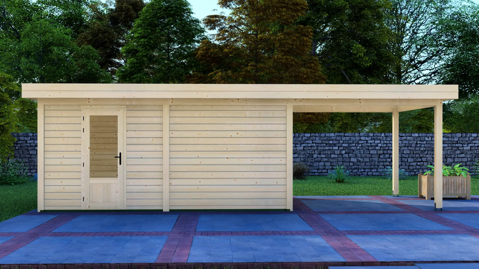 DSHouse dārza mājiņa 5x3m ar nojumi 3x3m - modulāra koka konstrukcija Dārza mājiņa 5x3m ar nojumi 3x3m - modulāra ziemeļu egles konstrukcija ar horizontālu apšuvumu un plakanu jumtu, kas paplašinās veidojot atsevišķu nojumi.