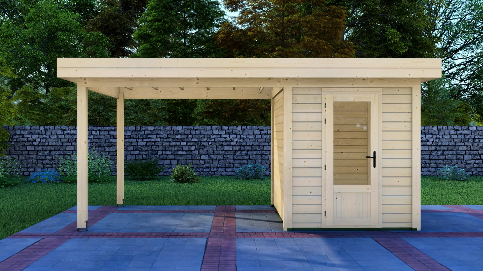 DSHouse dārza mājiņa 2x3m ar nojumi 3x3m - modulāra koka konstrukcija Dārza mājiņa 2x3m ar nojumi 3x3m - modulāra ziemeļu egles konstrukcija ar horizontālu apšuvumu un plakanu jumtu, kas paplašināma līdz 9m² nojumei