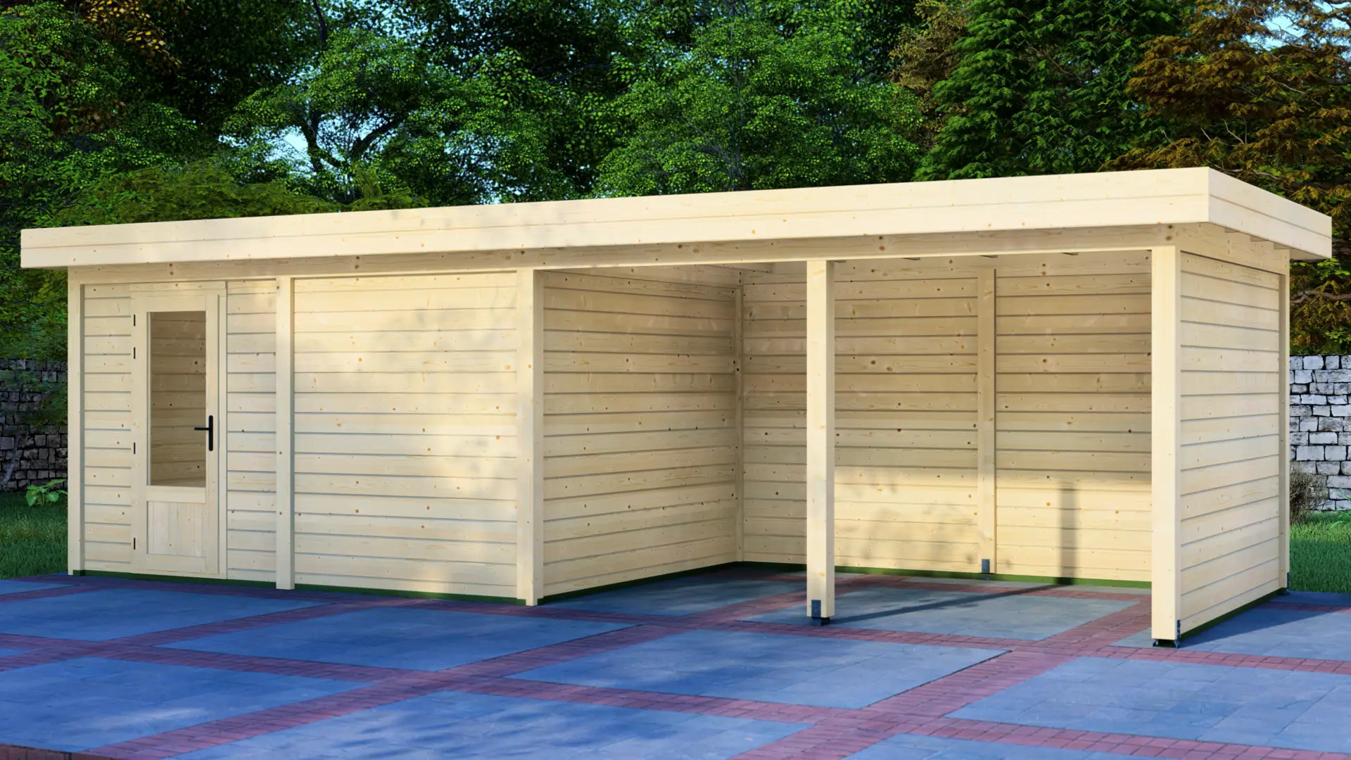 Dārza mājiņa 4x3m ar nojumi 4x3m - aizmugures un sānu sienas skats Dārza mājiņa 4x3m ar nojumi 4x3m aizmugures sienas un sānu sienas skats ar horizontālu apšuvumu un plakanu jumtu