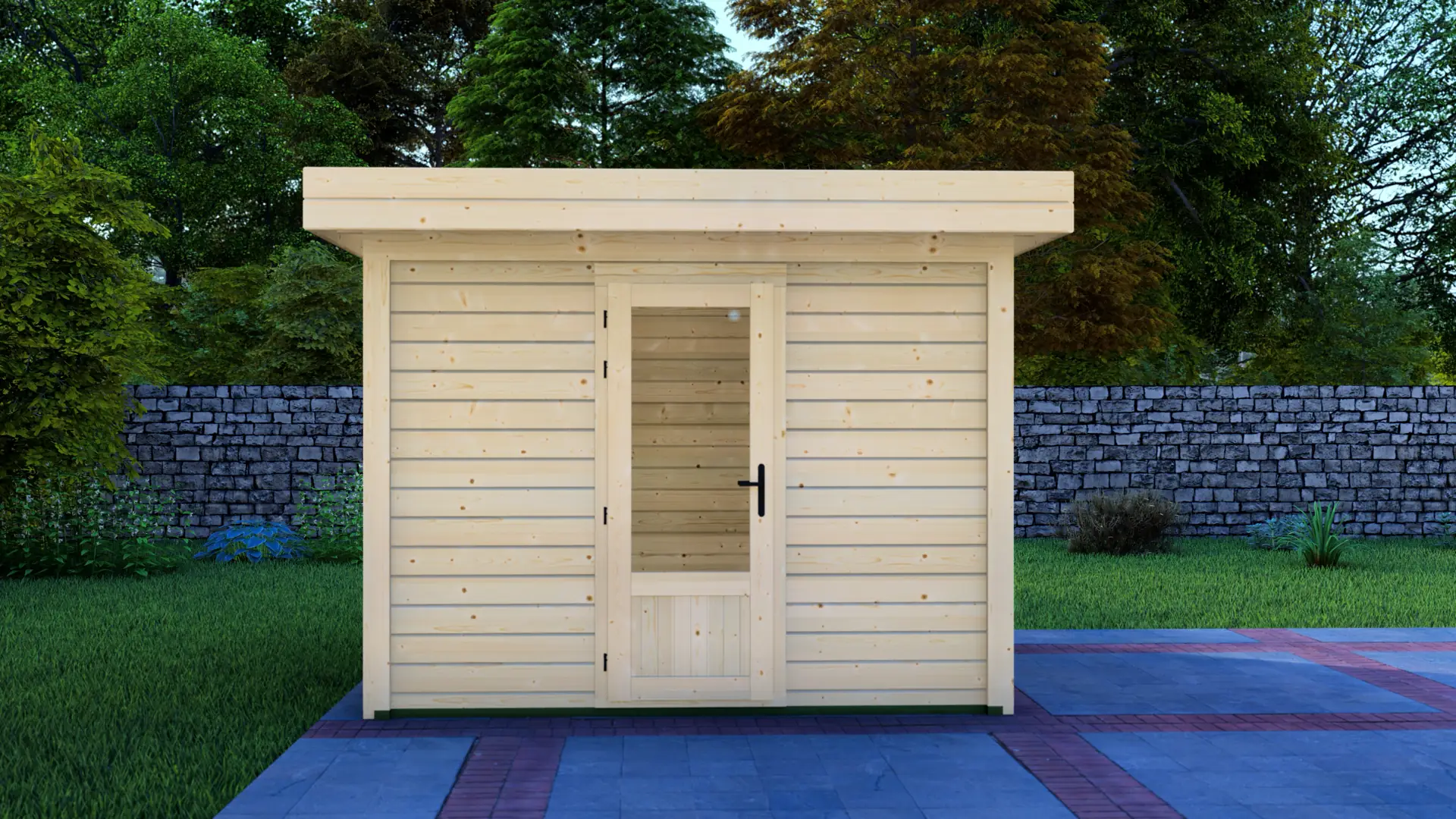 DSHouse dārza mājiņa 3x3m - modulāra koka konstrukcija ar horizontālu apšuvumu Dārza mājiņa 3x3m ir kompakta 9m² liela ziemeļu egles konstrukcija ar horizontālu apšuvumu un plakanu jumtu.
