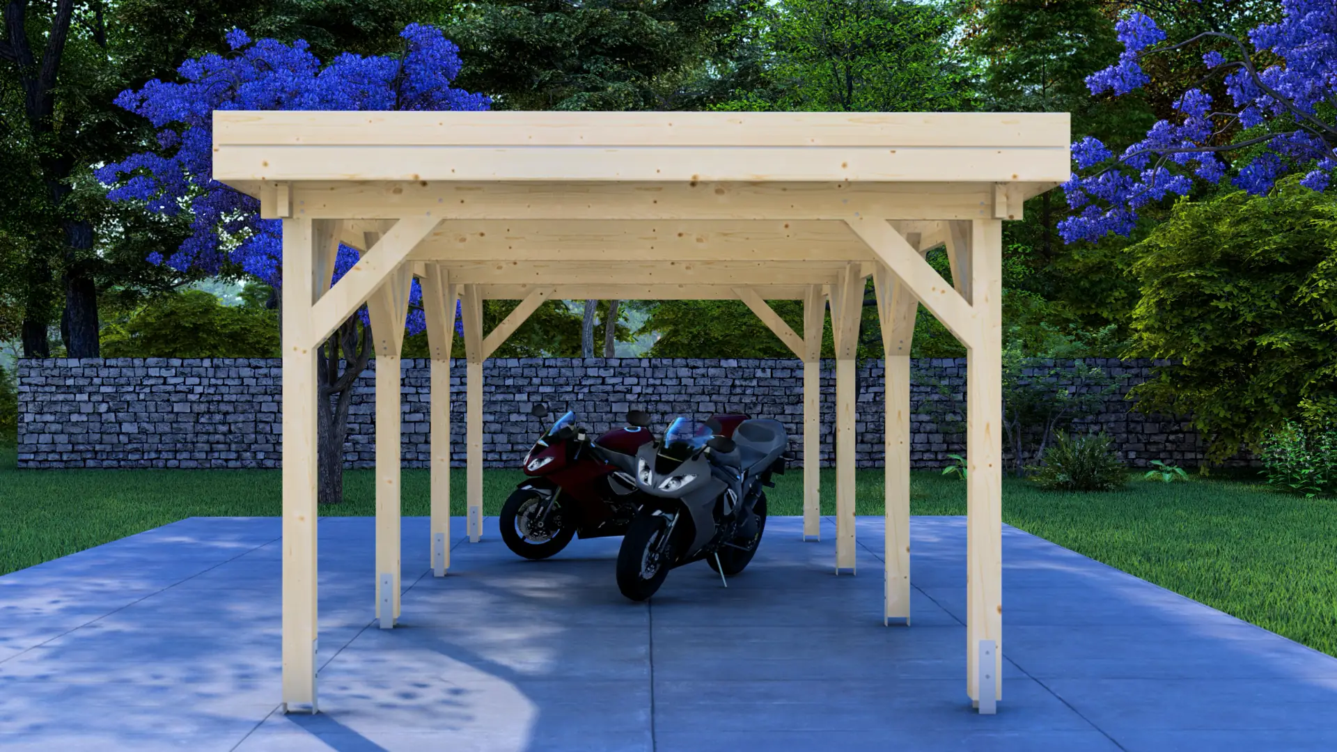 Koka nojume "Classic" 7×3 ar plakanu jumtu - DSHouse Latvijas ražotājs Koka nojume "Classic" 7×3 ar plakanu jumtu ir kompakta āra nojume, kas pasargā automašīnas, motociklus un aprīkojumu no laikapstākļiem.
