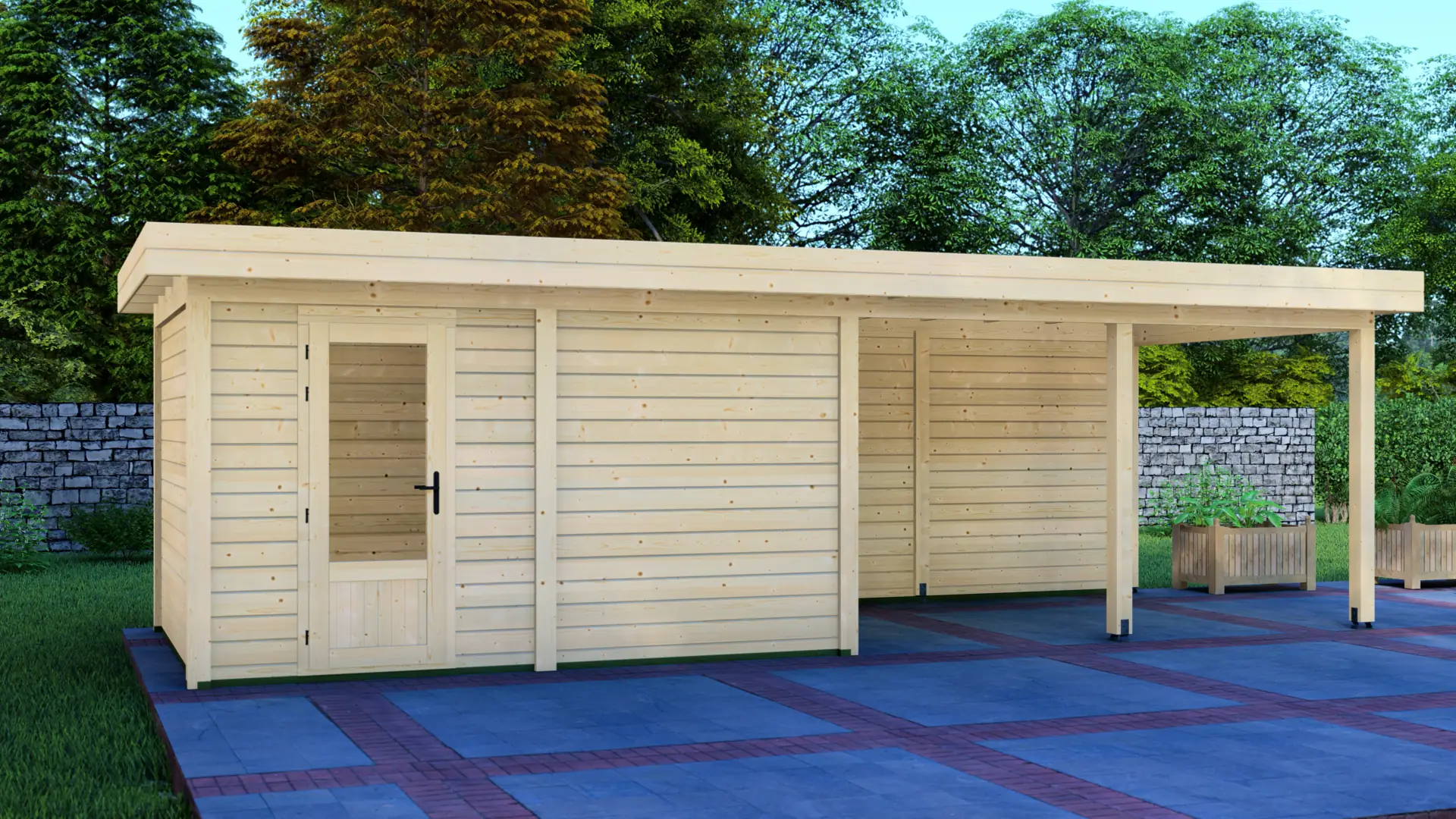 DSHouse dārza mājiņa 4x3m ar nojumi 4x3m aizmugurējā siena Dārza mājiņa 4x3m ar nojumi 4x3m aizmugurējā siena ar horizontālu apšuvumu un plakanu jumtu