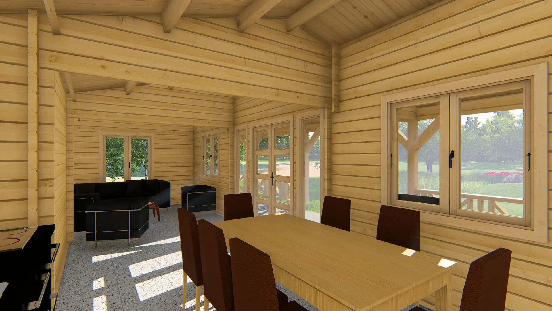 Dārza māja "Glorious" - 53 m² koka ārkonstrukcija ar terasi Dārza māja "Glorious" ir 53 m² liela koka konstrukcija ar 18,2 m² terasi, izgatavota no ziemeļu egles ar divslīpju jumtu un sešiem logiem.