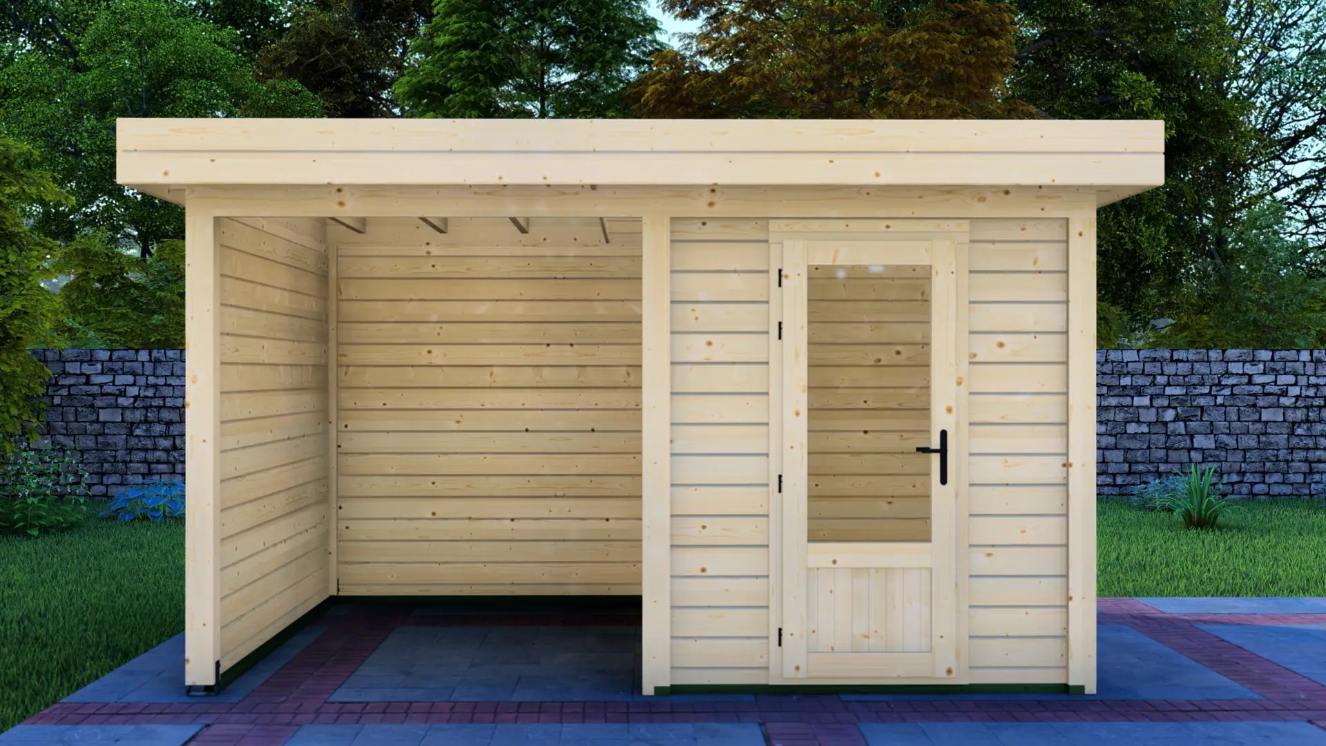 Dārza mājiņa 2x3m ar nojumi 2x3m - aizmugures un sānu sienas skats Dārza mājiņa 2x3m ar nojumi 2x3m aizmugures sienas un sānu sienas skats ar horizontālu apšuvumu un plakanu jumtu
