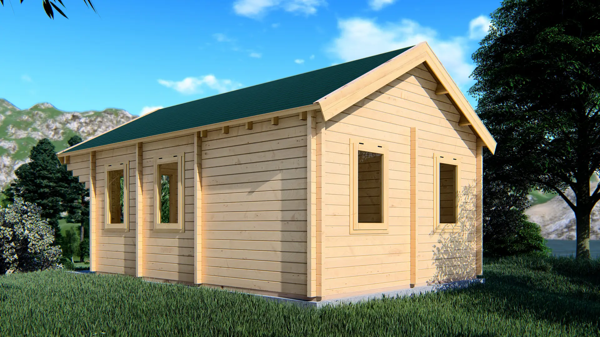 Dārza mājiņa "Calm" - 34,9 m² dzīvojamā platība ar ziemeļu egles sienām Dārza mājiņa "Calm" ar trim pirmā stāva telpām un 10 m² pusstāvu, izgatavota no ziemeļu egles ar septiņiem dubultajiem logiem.