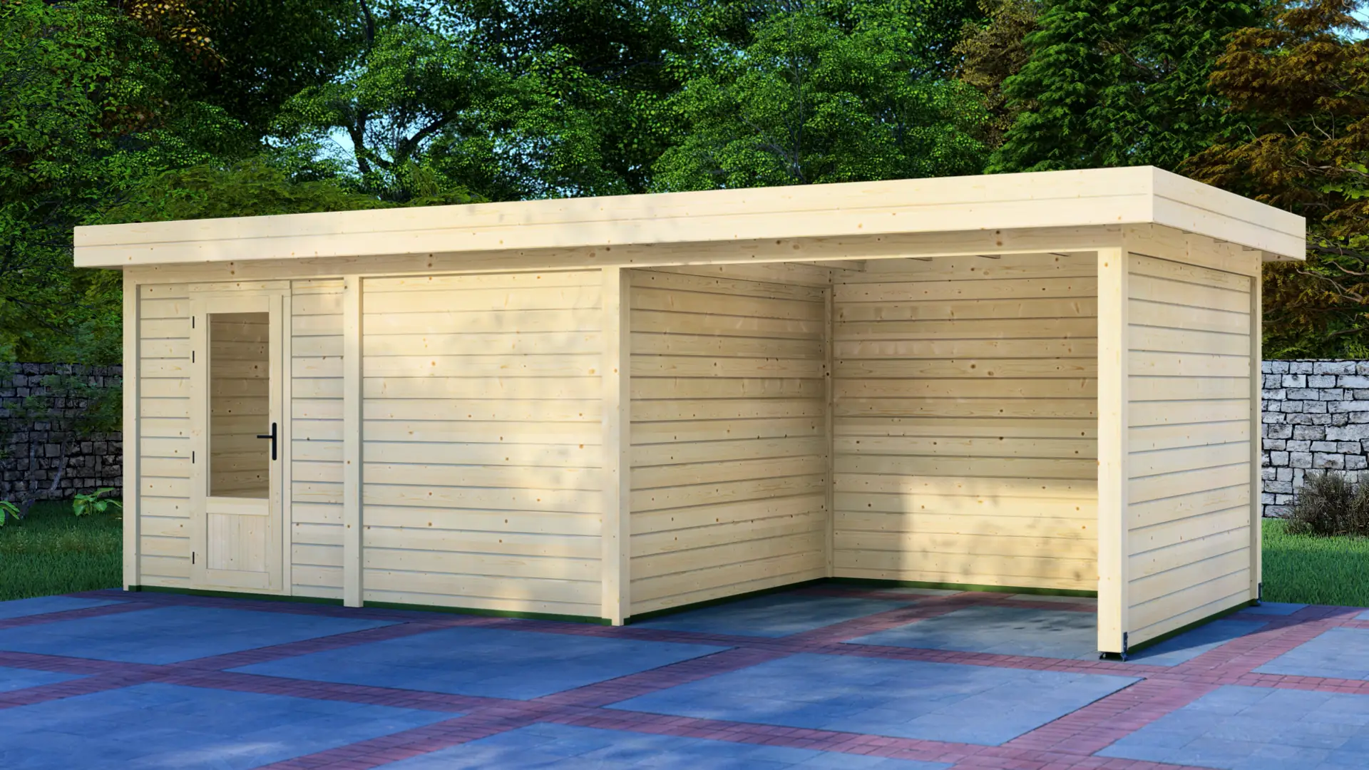 DSHouse dārza mājiņa 4x3m ar nojumi 3x3m - sānu sienas skats Dārza mājiņa 4x3m ar nojumi 3x3m, kas parāda modulāras ziemeļu egles konstrukcijas sānu sienu ar horizontālu apšuvumu un plakanu jumtu.