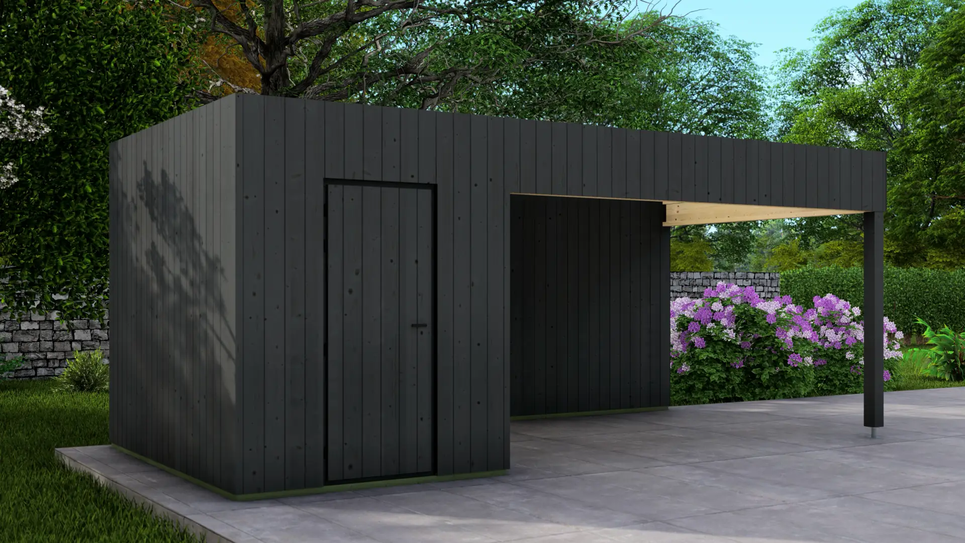Dārza mājiņa "Frame" 2x3 + nojume 4x3 - DSHouse kvalitātes koka konstrukcija Dārza mājiņa "Frame" 2x3 + nojume 4x3 ar minimālistisku koka dizainu un pagarinātu nojumi, kas rada 18 m² kopējo apbūves laukumu.