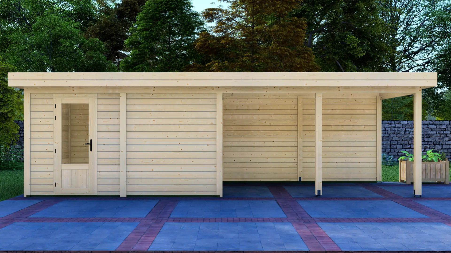 DSHouse dārza mājiņa 4x3m ar nojumi 4x3m - aizmugures sienas skats Dārza mājiņa 4x3m ar nojumi 4x3m aizmugures sienas skats ar horizontālu apšuvumu un plakanu jumtu