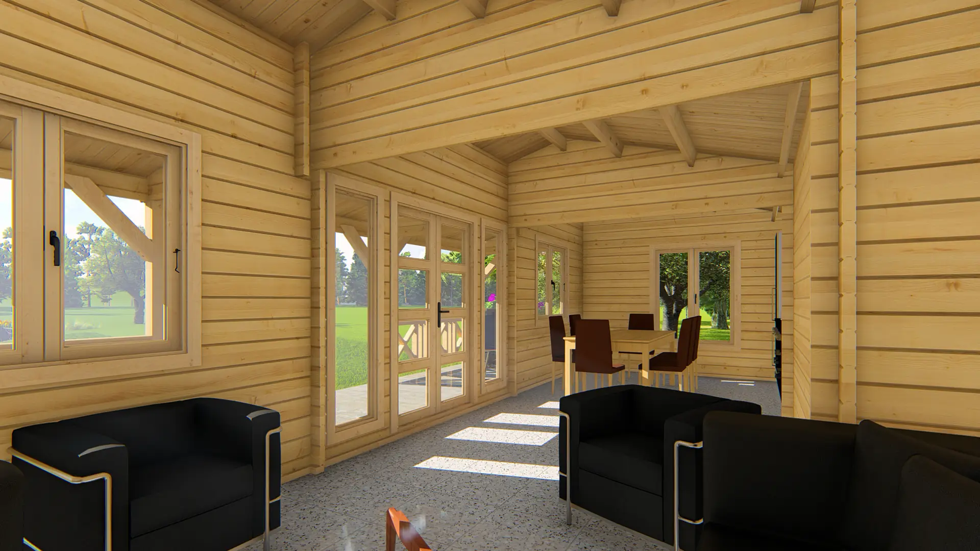 Dārza māja "Glorious" - 53 m² koka āra māja ar terasi no DSHouse Dārza māja "Glorious" ir 53 m² liela koka konstrukcija ar 18,2 m² terasi, izgatavota no ziemeļu egles ar divslīpju jumtu un sešiem logiem.