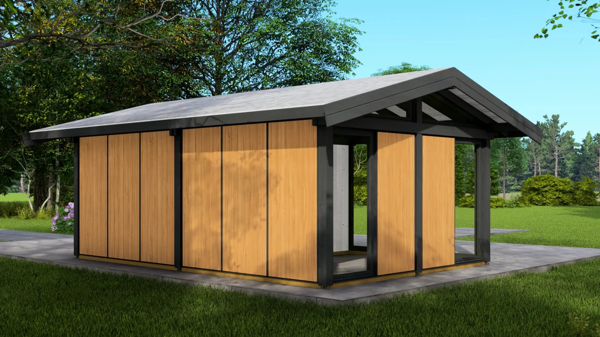 Dārza mājiņa “Faxwerk” 442×624 - 12 m² slēgtā telpa ar 12 m² segtu terasi Dārza mājiņa “Faxwerk” 442×624 parāda augstas klases brīvdienu māju ar ziemeļu egles konstrukciju un lieliem logiem no grīdas līdz griestiem.