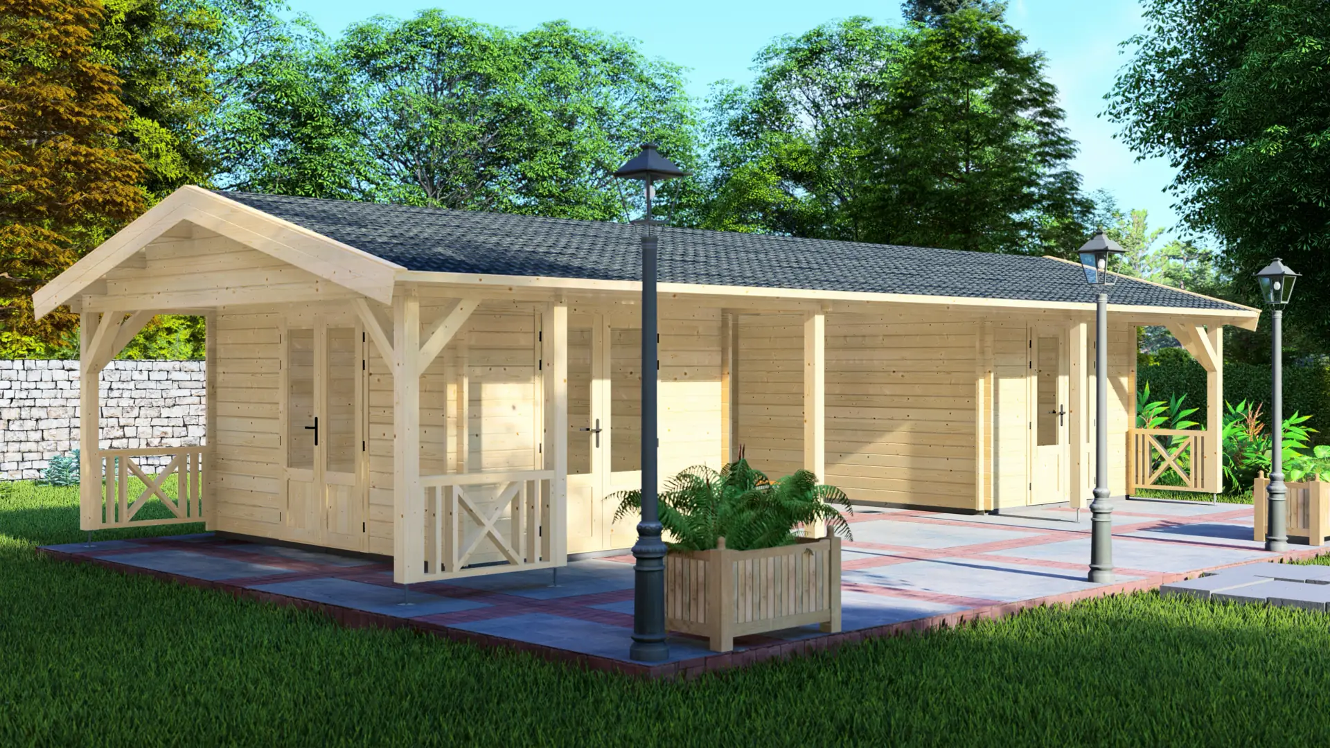 DSHouse dārza mājiņa "Relax" ar divslīpju jumtu un 60 m² platību Dārza mājiņa "Relax" ar tradicionālu divslīpju jumtu, kas aizņem 60 m² platību ar divām slēgtām telpām un centrālo terasi.
