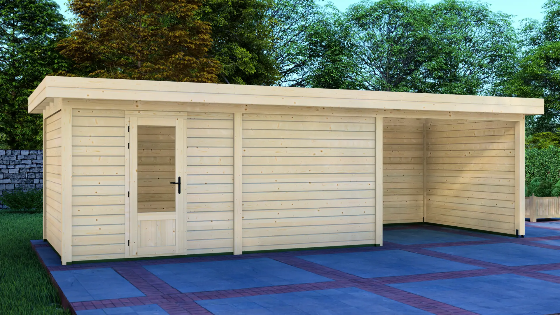 DSHouse dārza mājiņa 5x3m ar nojumi 3x3m - aizmugures un sānu sienas skats Dārza mājiņa 5x3m ar nojumi 3x3m aizmugures un sānu sienas skats ar horizontālu ziemeļu egles apšuvumu un plakanu jumtu.