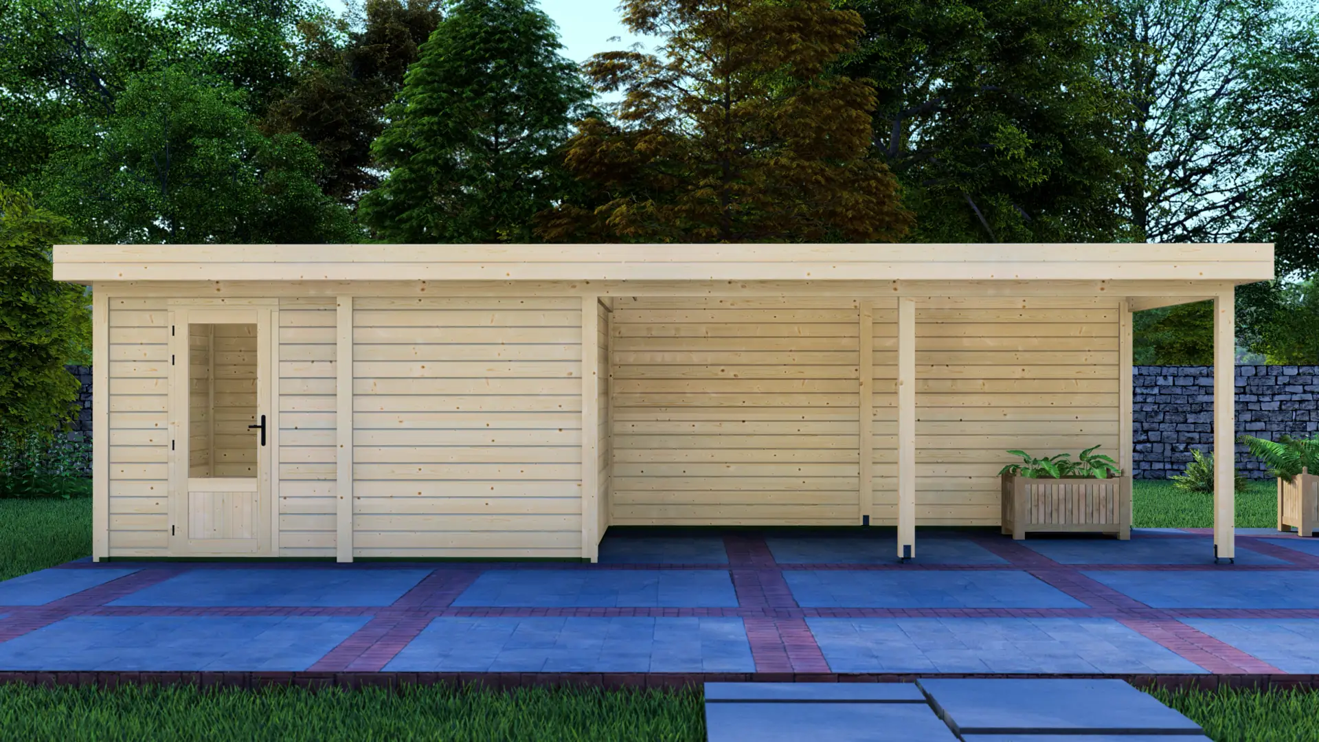 DSHouse dārza mājiņa 4x3m ar nojumi 5x3m - aizmugures skats Dārza mājiņa 4x3m ar nojumi 5x3m aizmugures siena ar horizontālu apšuvumu un plakanu jumtu, kas demonstrē modulāro konstrukciju
