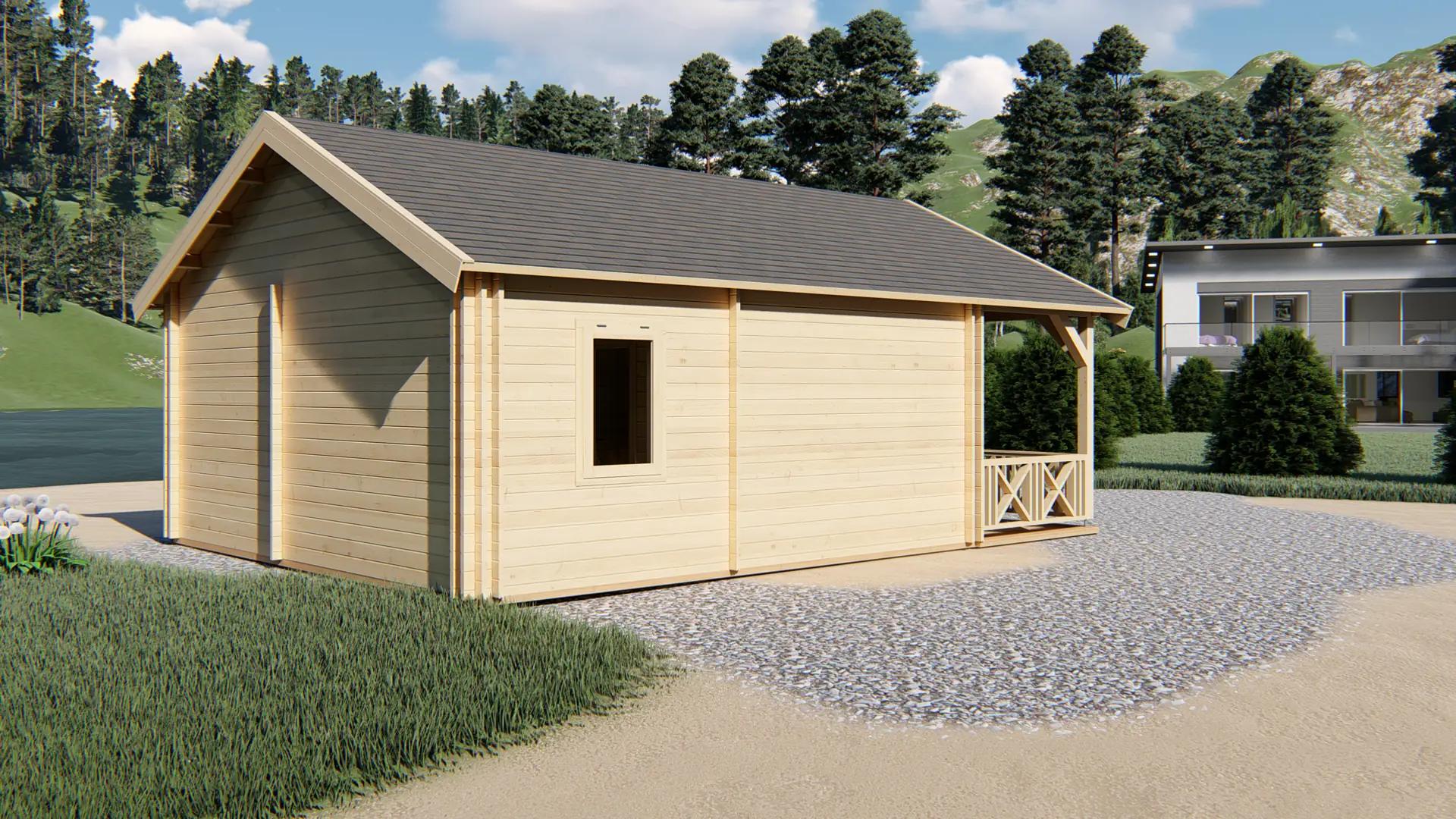 DSHouse dārza mājiņa "Pleasant" - 28 m² dzīvojamo platība ar terasi Dārza mājiņa "Pleasant" ar 28 m² dzīvojamo zonu un 17,7 m² terasi, būvēta no ziemeļu egles ar 44 mm sienu biezumu, priekšējā skats
