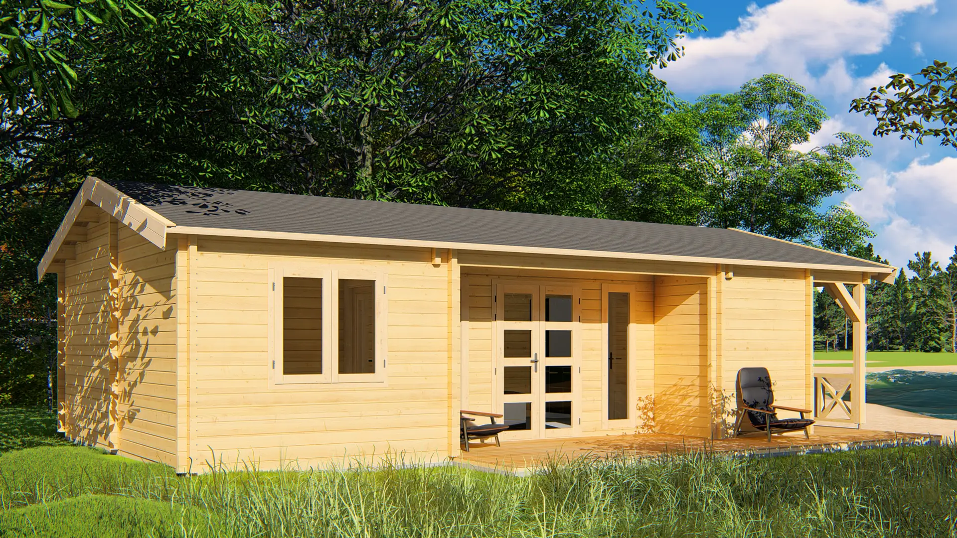Dārza māja 'Hopeful' - 45,2 m² ar četrām iekštelpām un terasi Dārza māja 'Hopeful' ar 45,2 m² platību, izgatavota no ziemeļu egles ar 68 mm sienām, kas nodrošina izmantošanu visu gadu.