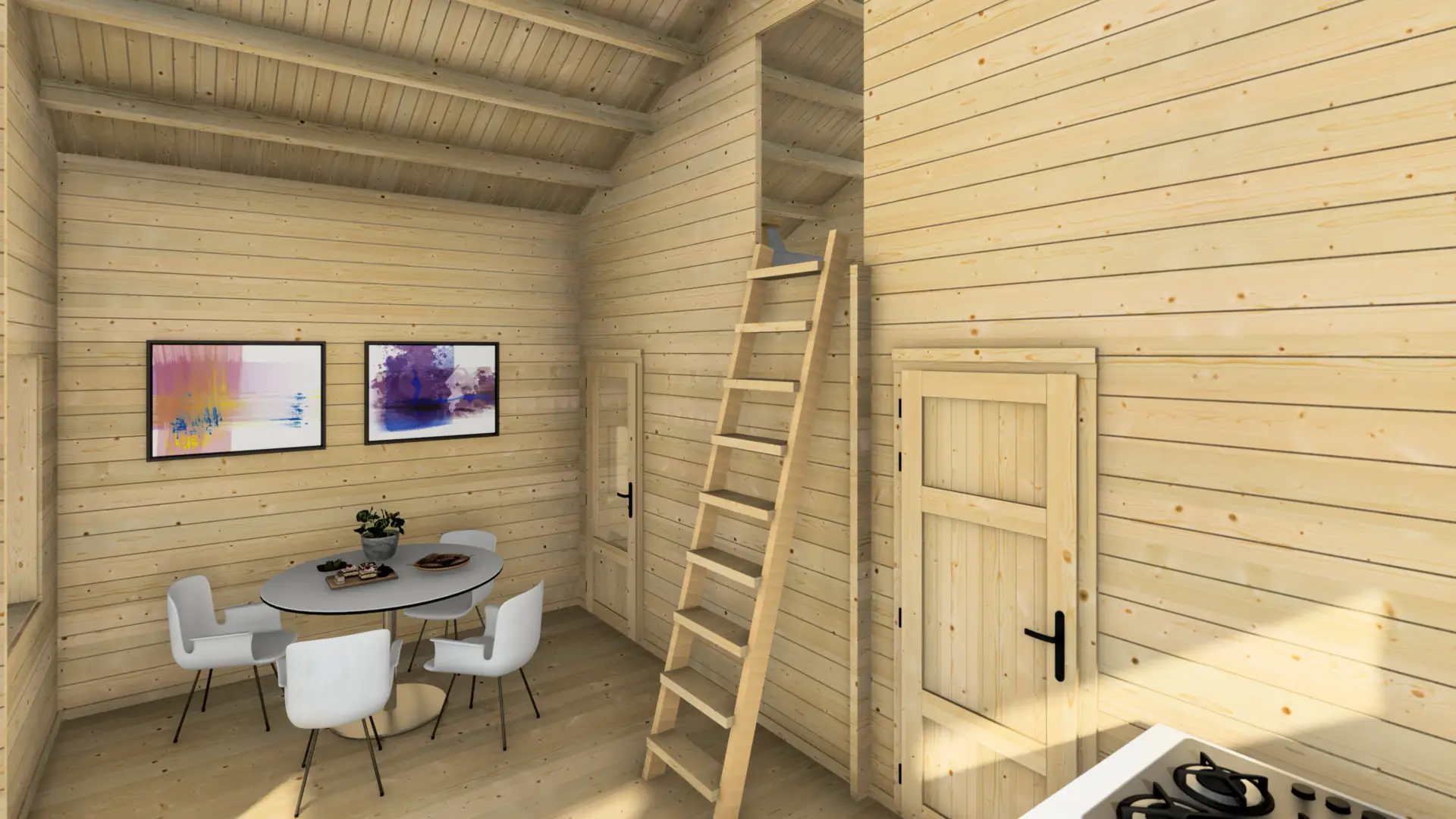 DSHouse dārza mājiņa "Pleasant" - 28 m² dzīvojama zona, 44 mm egle Dārza mājiņa "Pleasant" ar 28 m² dzīvojamo zonu un 17,7 m² terasi, būvēta no ziemeļu egles ar 44 mm sienas biezumu.