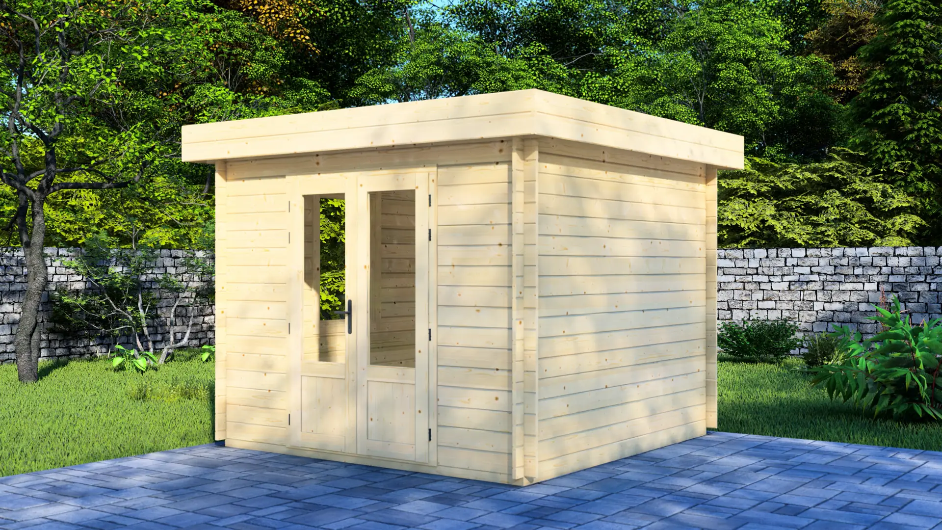 Dārza mājiņa "Compact" ir kvadrātveida 280×280 cm koka konstrukcija ar platām dubultajām durvīm un fiksētu logu, kas nodrošina 7,8 m² telpu dārza piederumu uzglabāšanai.