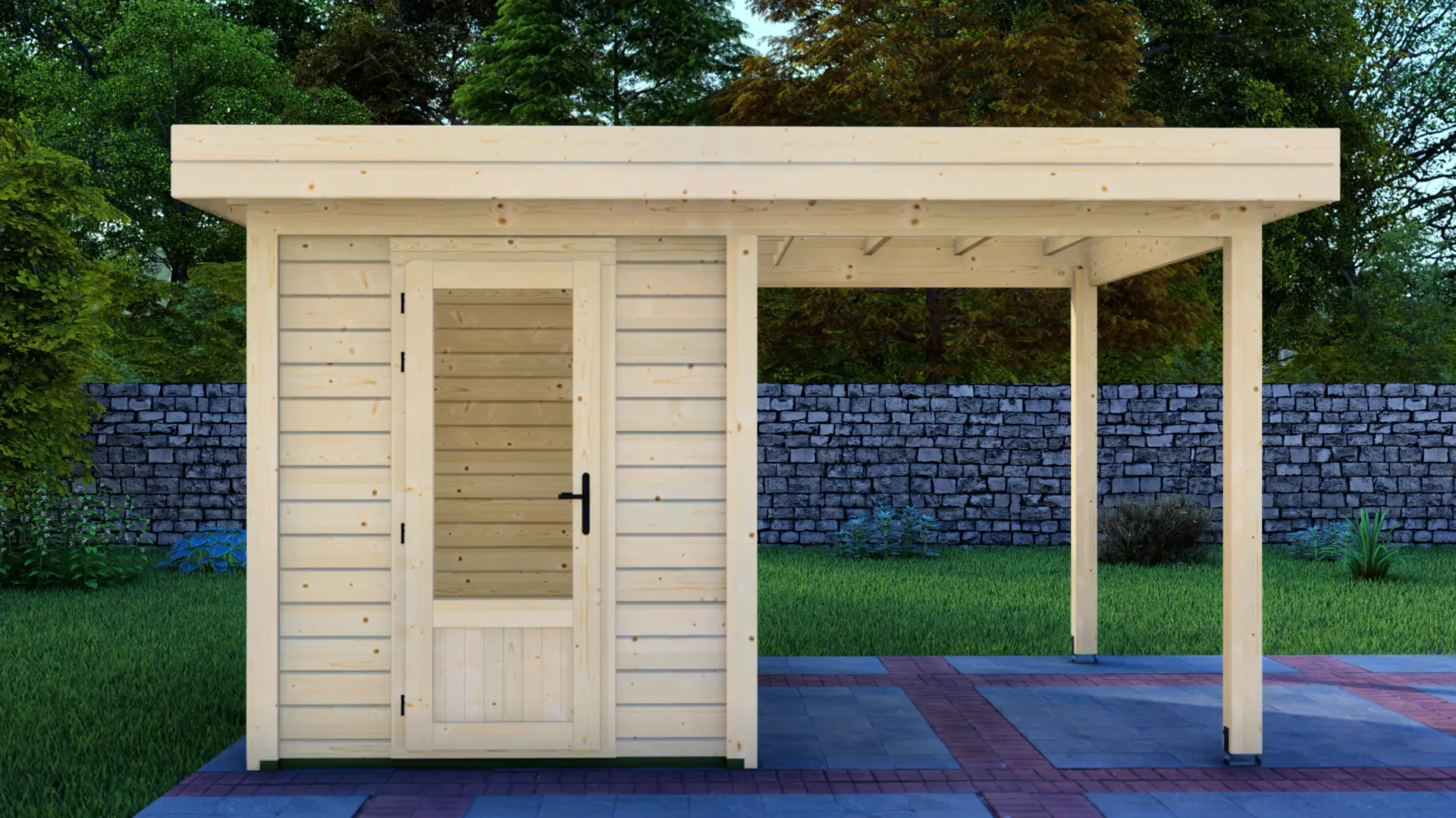 Dārza mājiņa 2x3m ar nojumi 2x3m - DSHouse kvalitātes koka konstrukcija Dārza mājiņa 2x3m ar nojumi 2x3m - modulāra ziemeļu egles konstrukcija ar horizontālu apšuvumu un plakanu jumtu, kas pagarināta ar nojumi