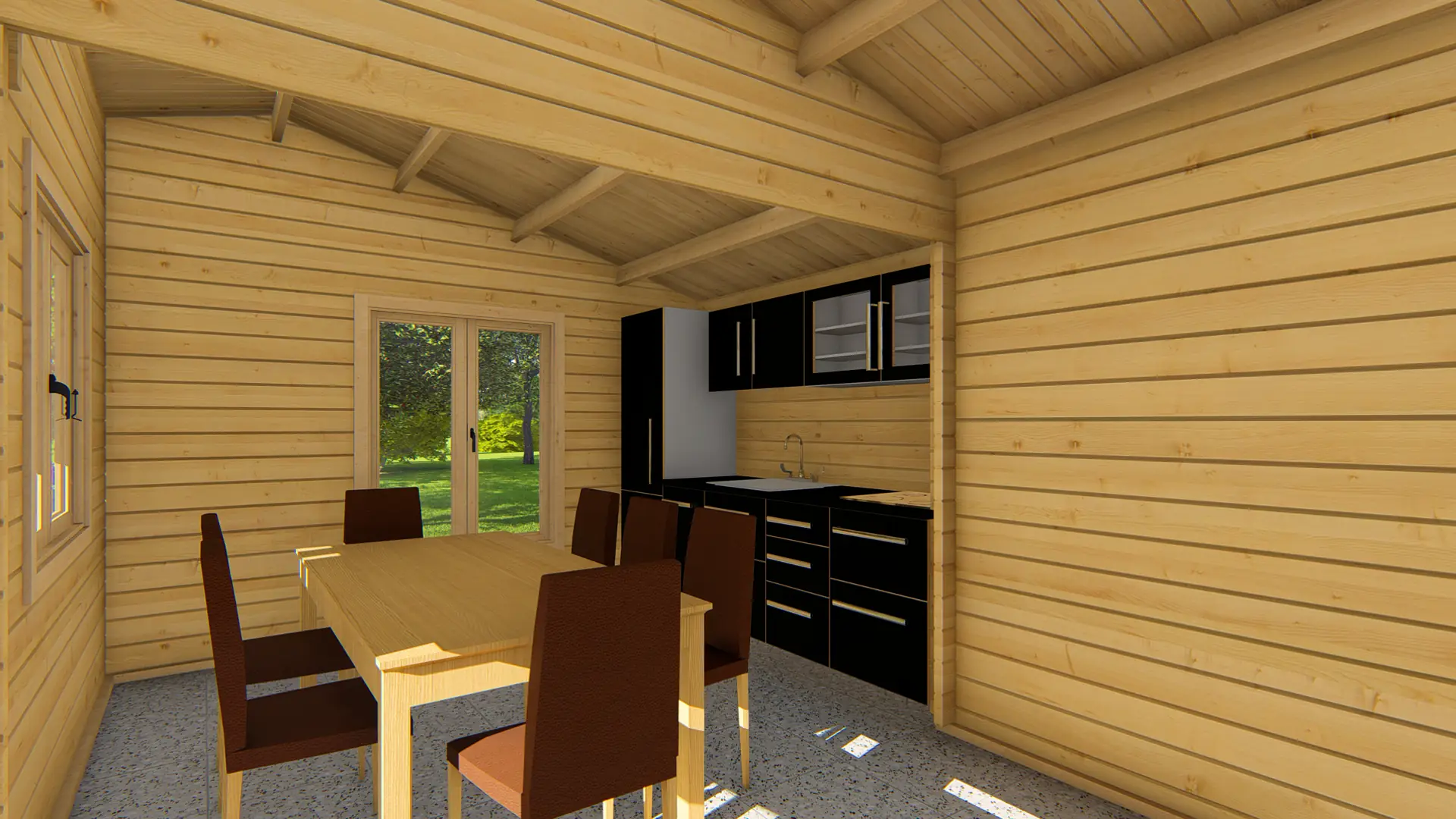 Dārza māja "Glorious" - 53 m² koka ārkonstrukcija ar terasi Dārza māja "Glorious" ir 53 m² liela koka konstrukcija ar 30,7 m² iekštelpām un 18,2 m² terasi, izgatavota no ziemeļu egles ar divslīpju jumtu.