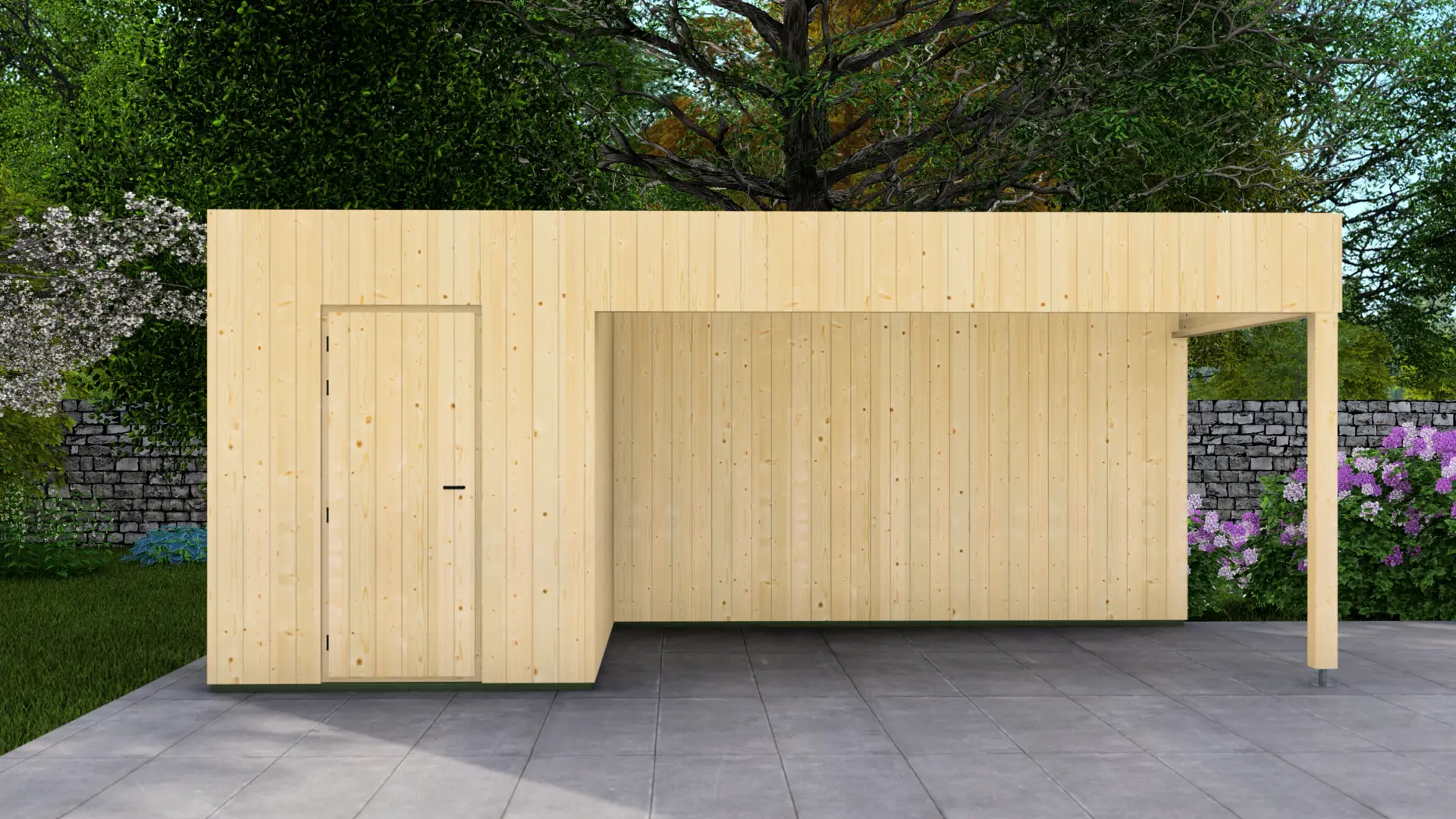 Dārza mājiņa "Frame" 2x3 + nojume 4x3 ar eglēm un vertikālu apšuvumu Dārza mājiņa "Frame" 2x3 + nojume 4x3 ar minimālistisku koka dizainu un pagarinātu nojumi, kas rada 18 m² kopējo apbūves laukumu.
