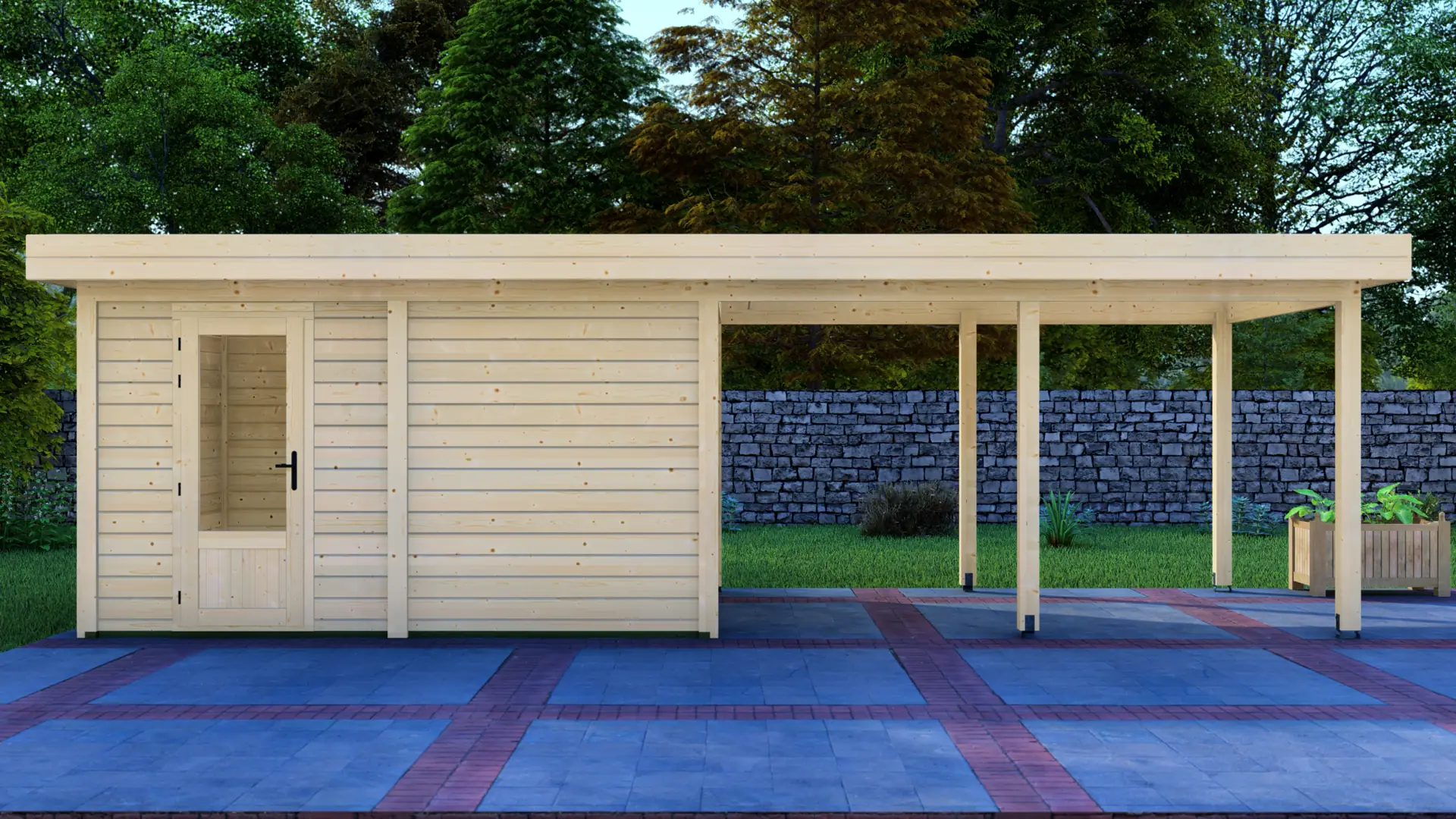 DSHouse dārza mājiņa 4x3m ar nojumi 4x3m - modulāra koka konstrukcija Dārza mājiņa 4x3m ar nojumi 4x3m ir modulāra 12m² slēgta ziemeļu egles konstrukcija ar horizontālu apšuvumu un plakanu jumtu.