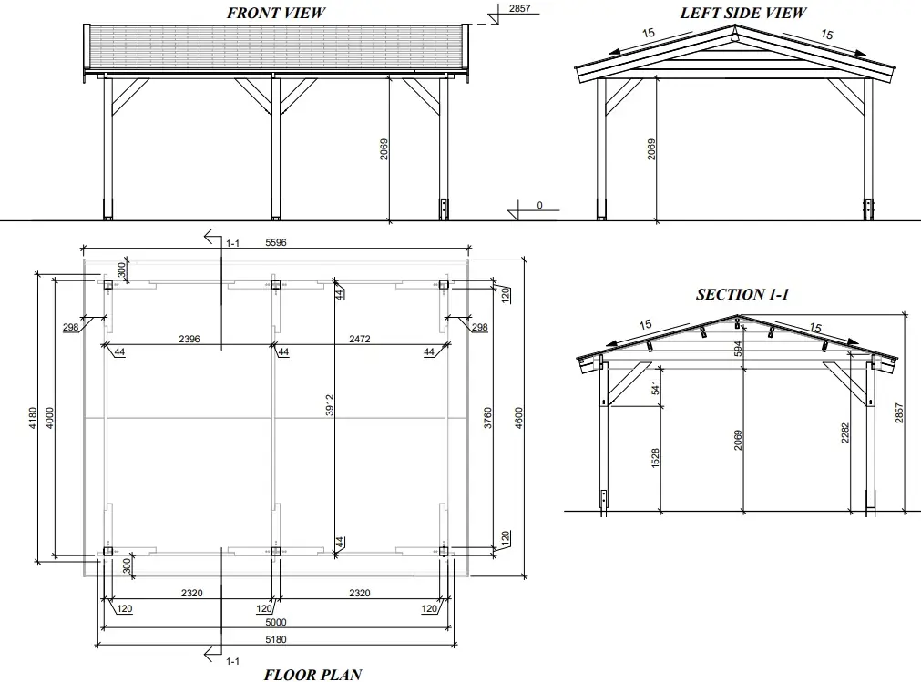 Koka nojumes "Classic" 5×4 ar divslīpju jumtu plāna shēma Koka nojume "Classic" 5×4 ar divslīpju jumtu plāna shēma, kas parāda konstrukcijas izmērus un izkārtojumu