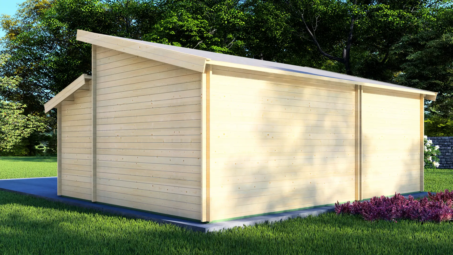 Koka garāža "Active Double-2" 8x6 no DSHouse - moderns palīgēks ar gaišu interjeru Koka garāža "Active Double-2" 8x6 ar augstāku jumta daļu un vairākiem augstajiem logiem, izgatavota no masīvas 44 mm ziemeļu egles, kopējais izmērs 5,95 m × 8,00 m.