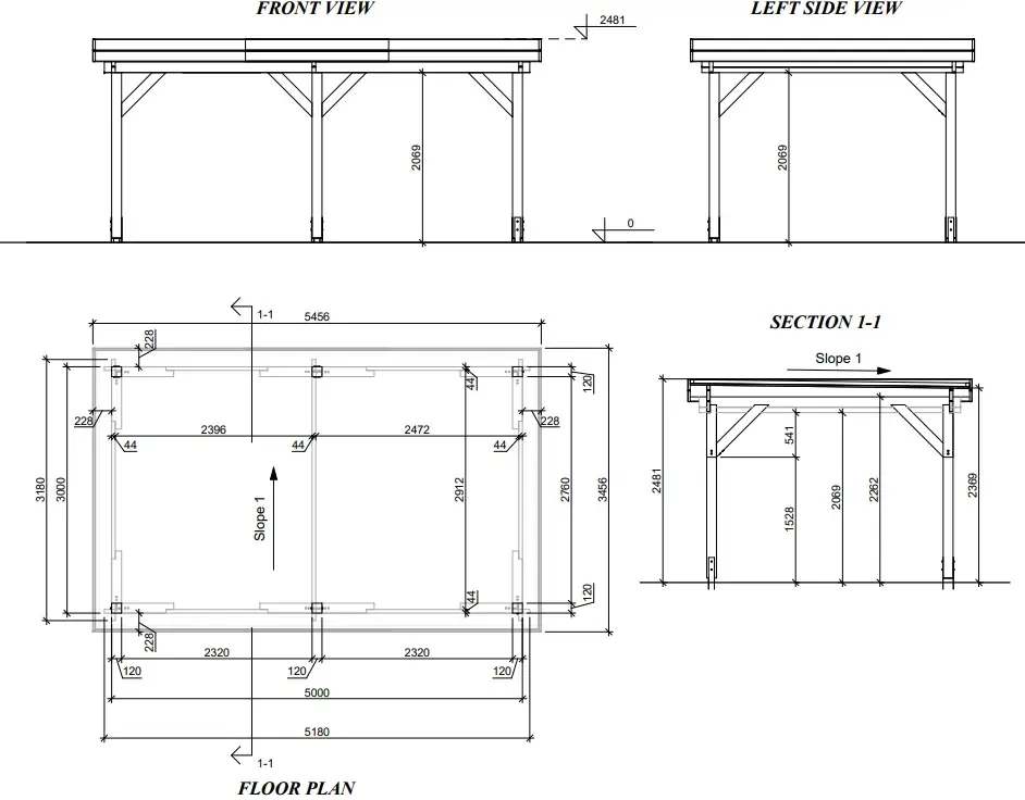 Koka nojume "Classic" 5x3 ar plakanu jumtu - plānojuma shema Koka nojume "Classic" 5x3 ar plakanu jumtu, kas parāda konstrukcijas plānojumu un izmērus, izgatavota no augstas kvalitātes ziemeļu egles.