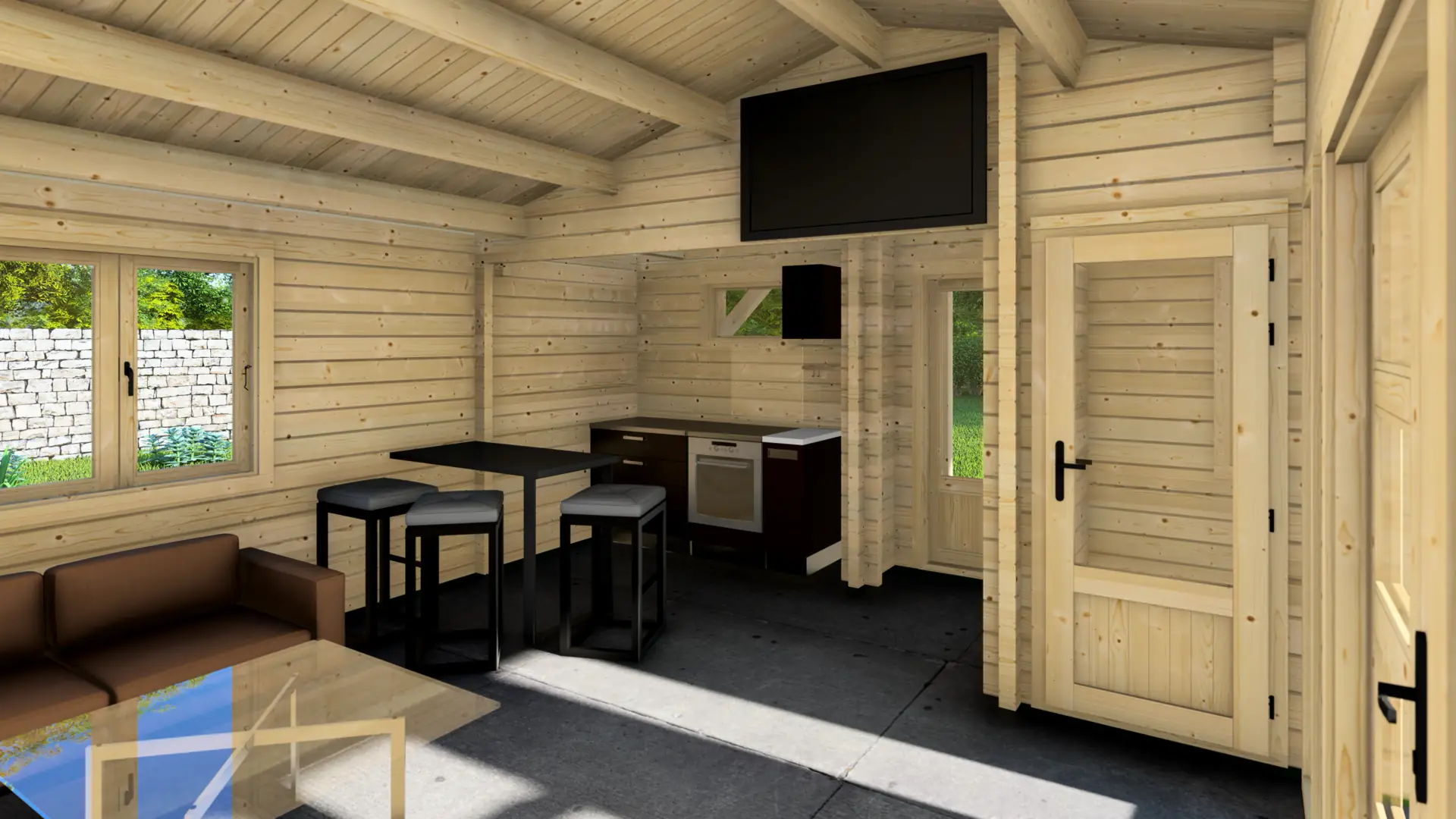 Dārza māja "Hopeful" - 45,2 m² ar četrām zonām un terasi Dārza māja "Hopeful" ar 45,2 m² platību, kas sadalīta četrās iekštelpās un terasi, izgatavota no ziemeļu egles ar 68 mm sienām visgadīgai izmantošanai.