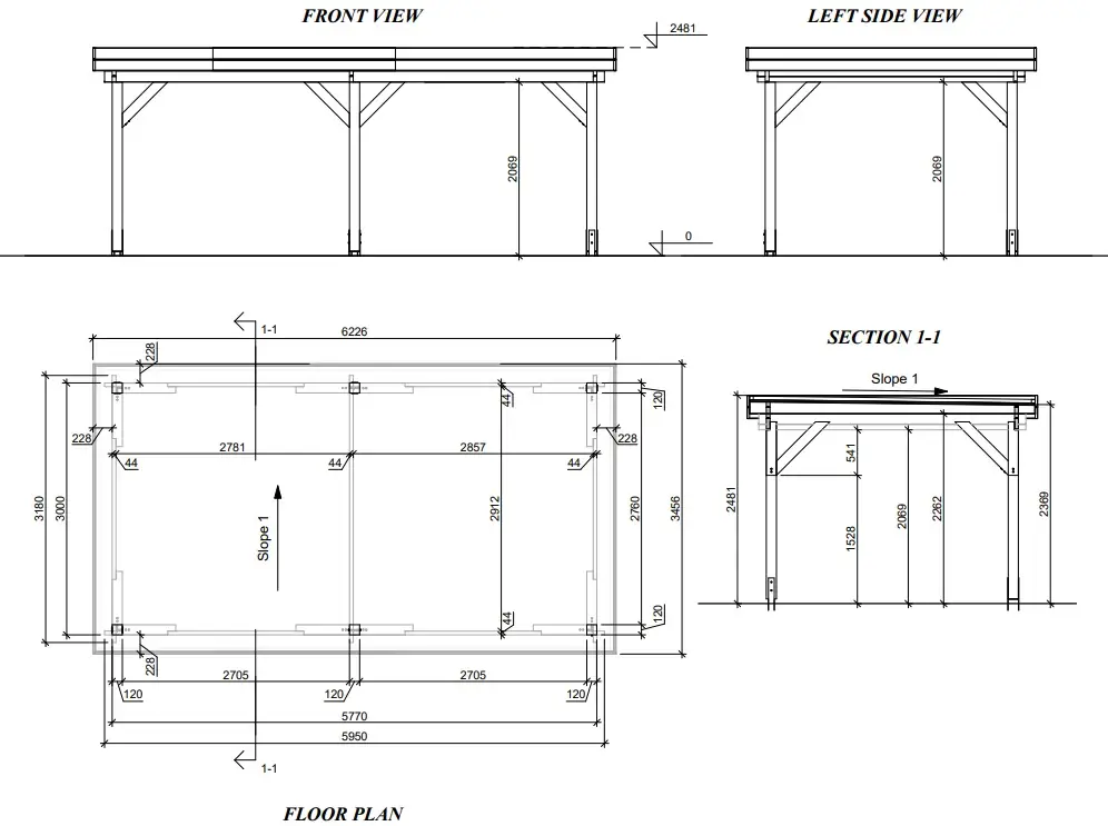 Koka nojume "Classic" 6×3 ar plakanu jumtu plāns Koka nojume "Classic" 6×3 ar plakanu jumtu plāns, kas parāda konstrukcijas izmērus un izkārtojumu.