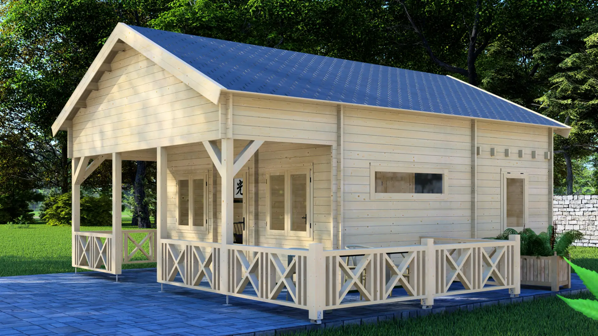 DSHouse dārza mājiņa "Pleasant" - kvalitatīva koka konstrukcija brīvdienu mājai Dārza mājiņa "Pleasant" ar 28 m² dzīvojamo zonu un 17,7 m² terasi, kas būvēta no ziemeļu egles ar 44 mm sienas biezumu