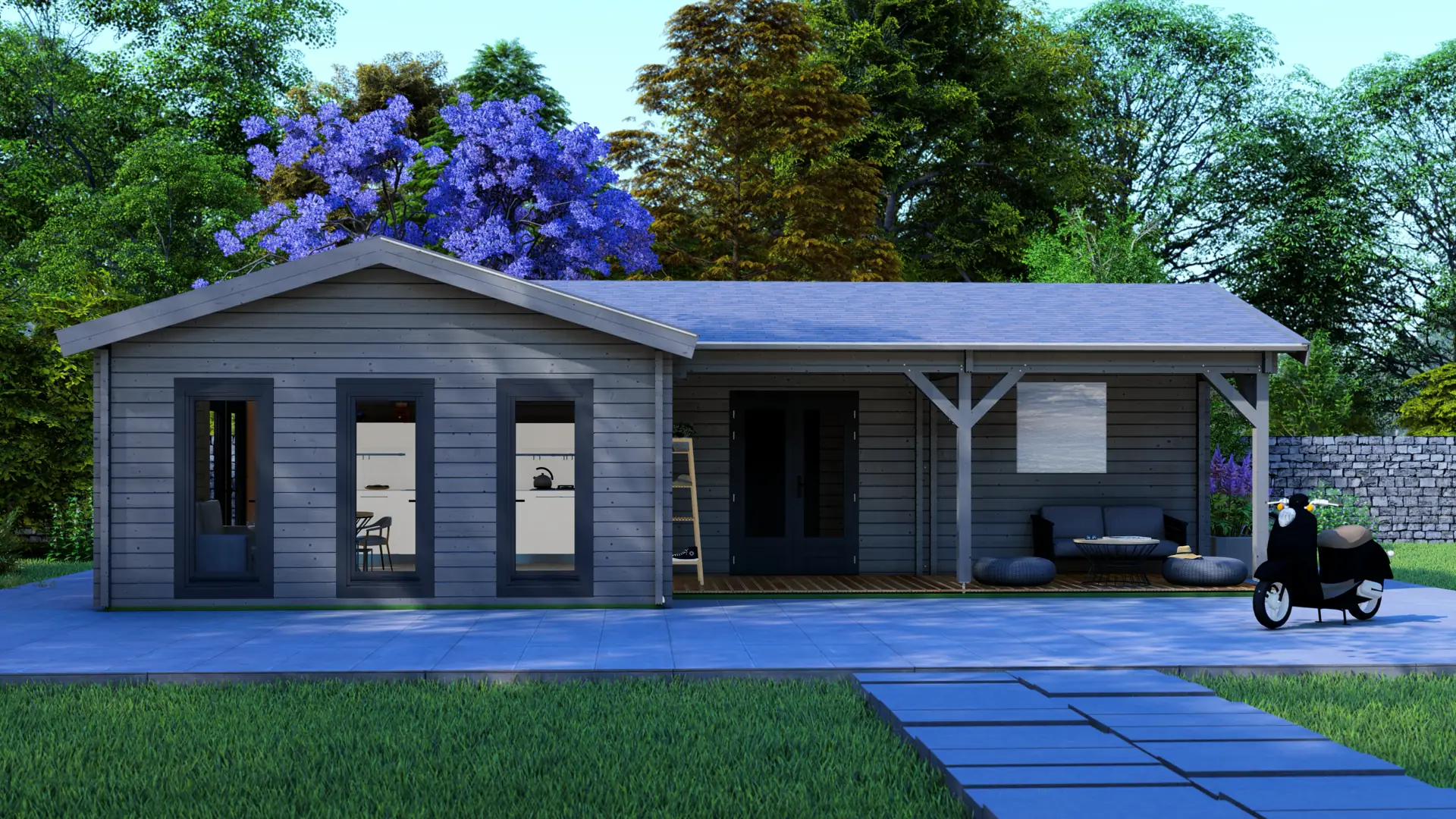 Dārza māja "Jolly" - 58 m² divslīpju jumta mājiņa ar 68 mm sienām un nosegto terasi Dārza māja "Jolly" ar 58 m² divslīpju jumtu un 68 mm biezām sienām, kas pagarina izmantošanas sezonu, priekšējā skats ar nosegto terasi.