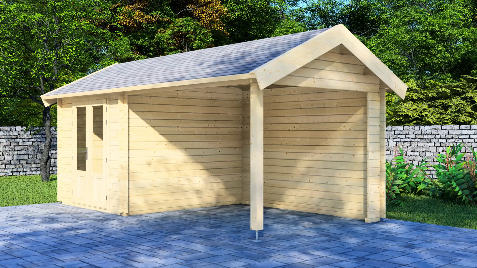 Dārza mājiņa “Serene” — kompakta guļbūve ar terasi un iekštelpu Dārza mājiņa “Serene” ar 9m² segtu terasi un 6,4m² iekštelpu, izgatavota no ziemeļu egles ar divslīpju jumtu.